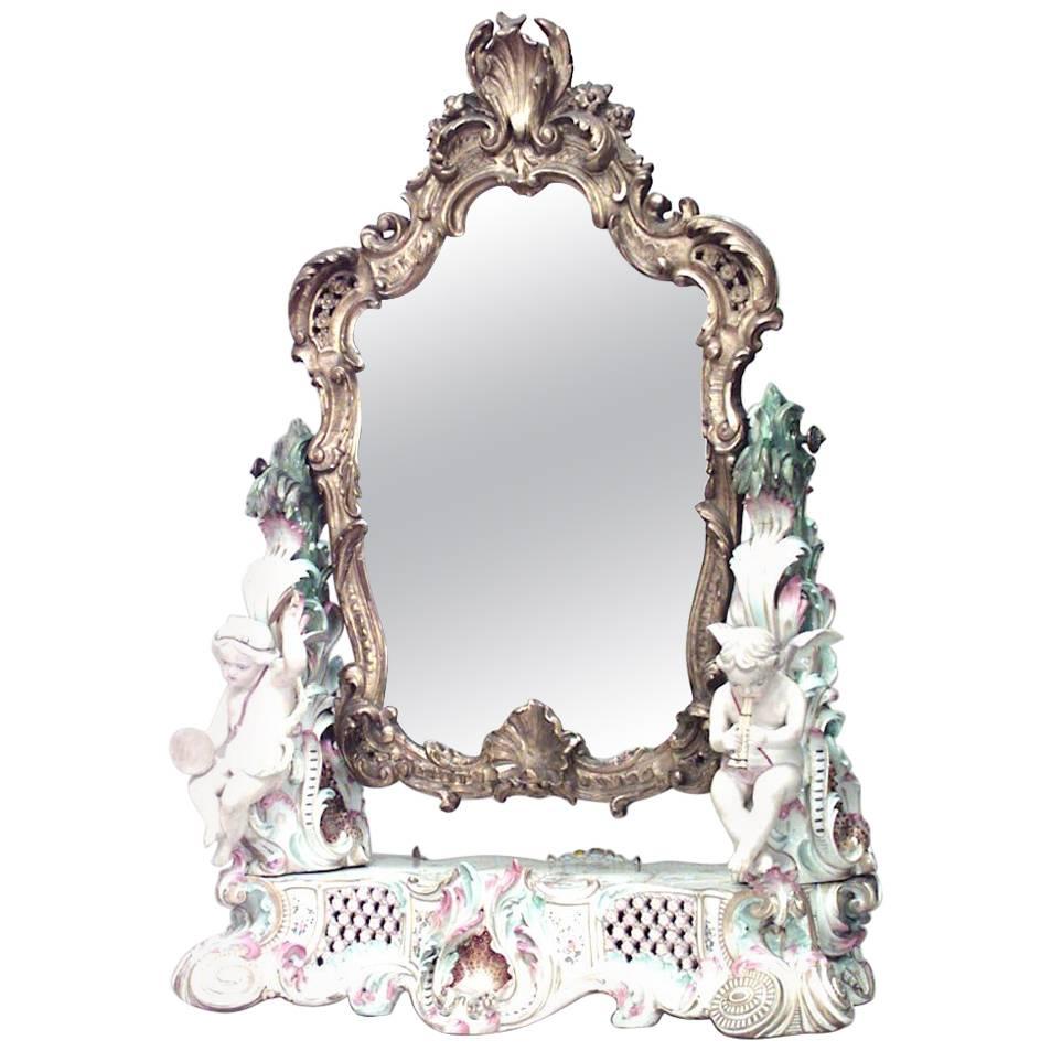 German Meissen Porcelain Cupid Dressing Table / Vanity Mirror For Sale