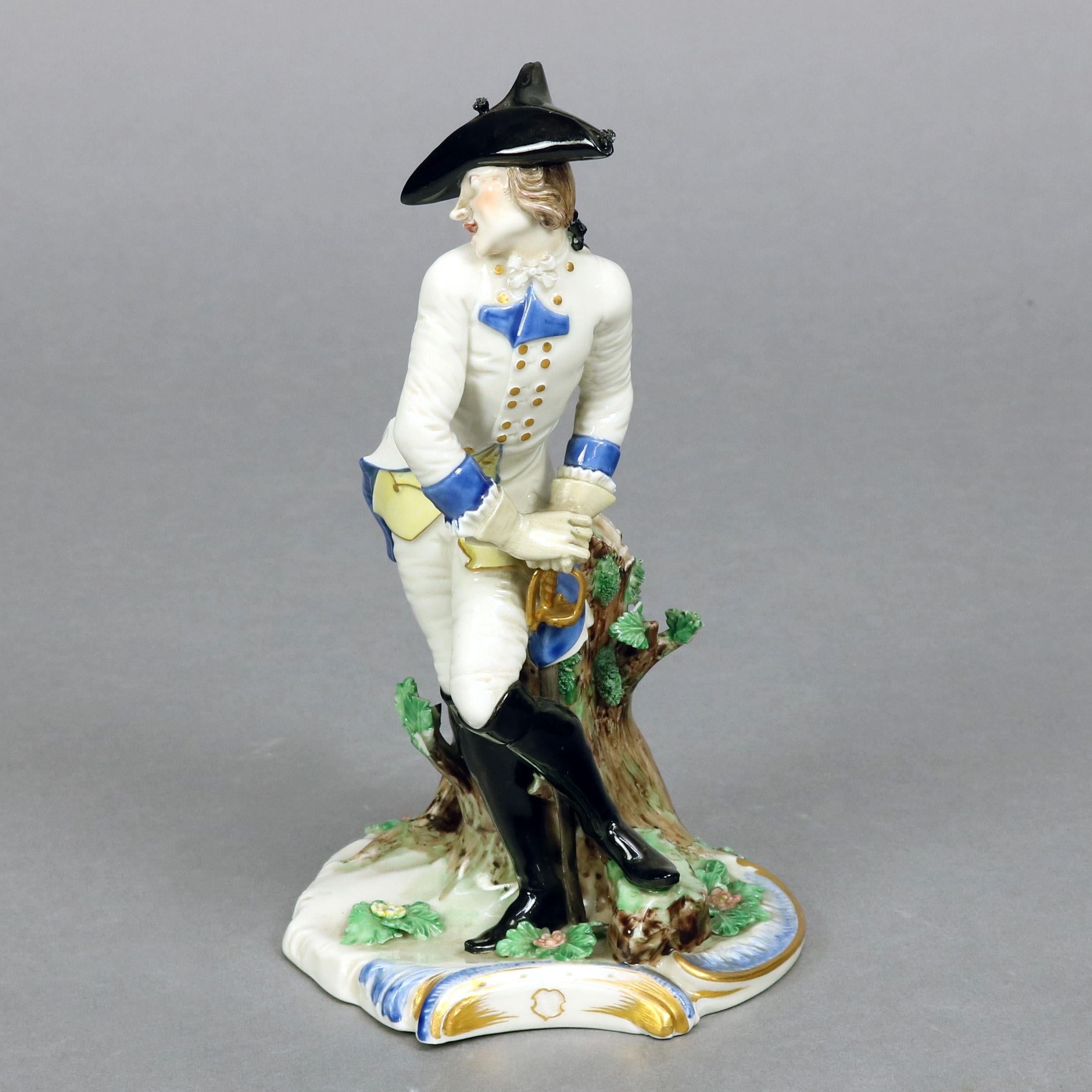 An antique German Meissen School porcelain portrait sculpture depicts hand painted and gilt full length figure of soldier posing in woodland setting, impressed mark on base as photographed, 20th century

Measures - 8.5