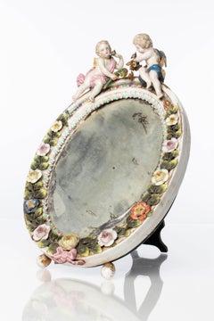 German Meissen Style Porcelain Table Top Mirror with Cherubs & Flowers