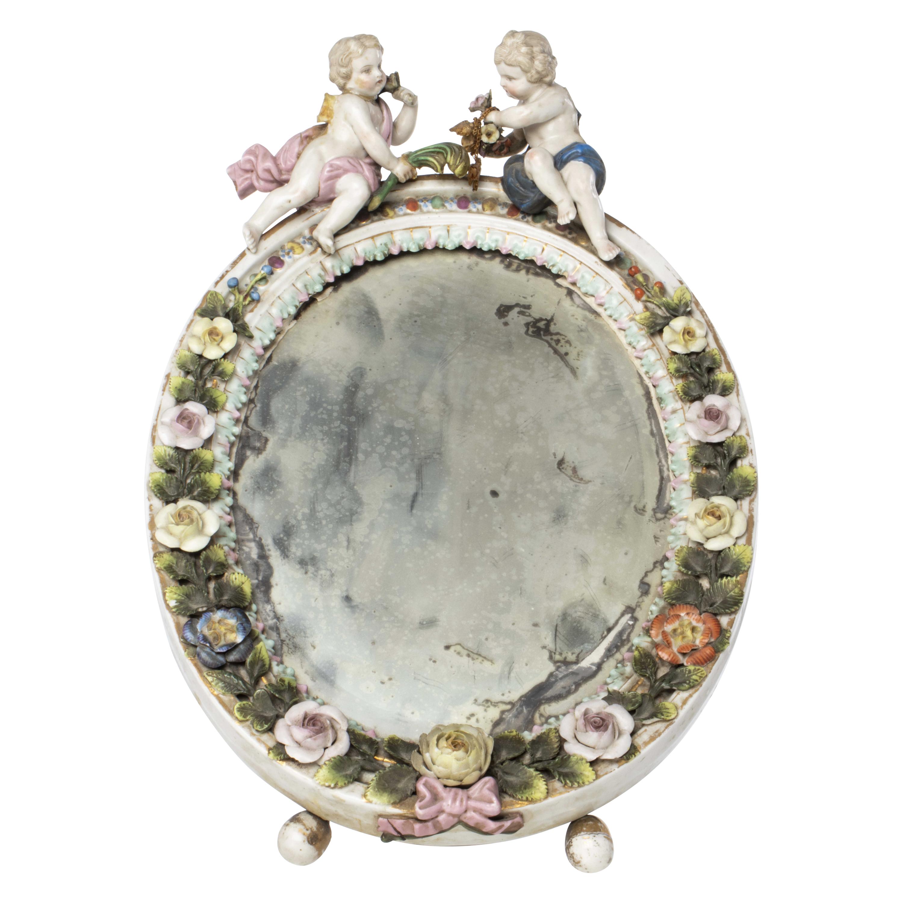 German Meissen Style Porcelain Table Top Mirror with Cherubs & Flowers