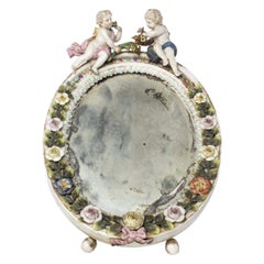 German Meissen Style Porcelain Table Top Mirror with Cherubs & Flowers