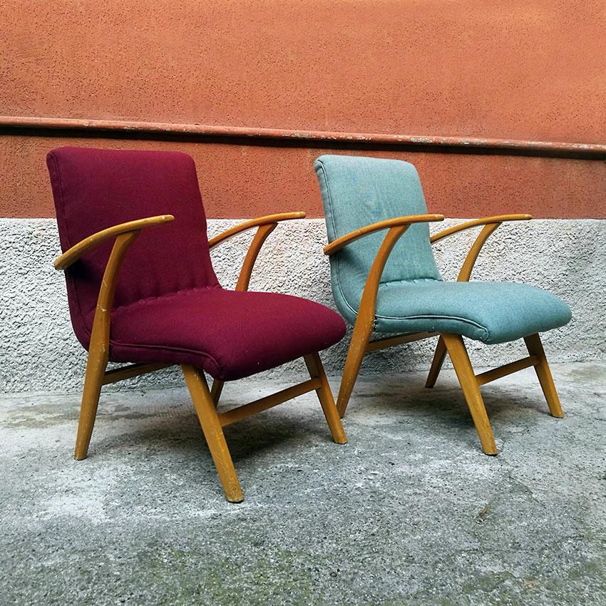 Mid-Century Modern German Midcentury Beech and Colored Fabric Armchairs, 1960s