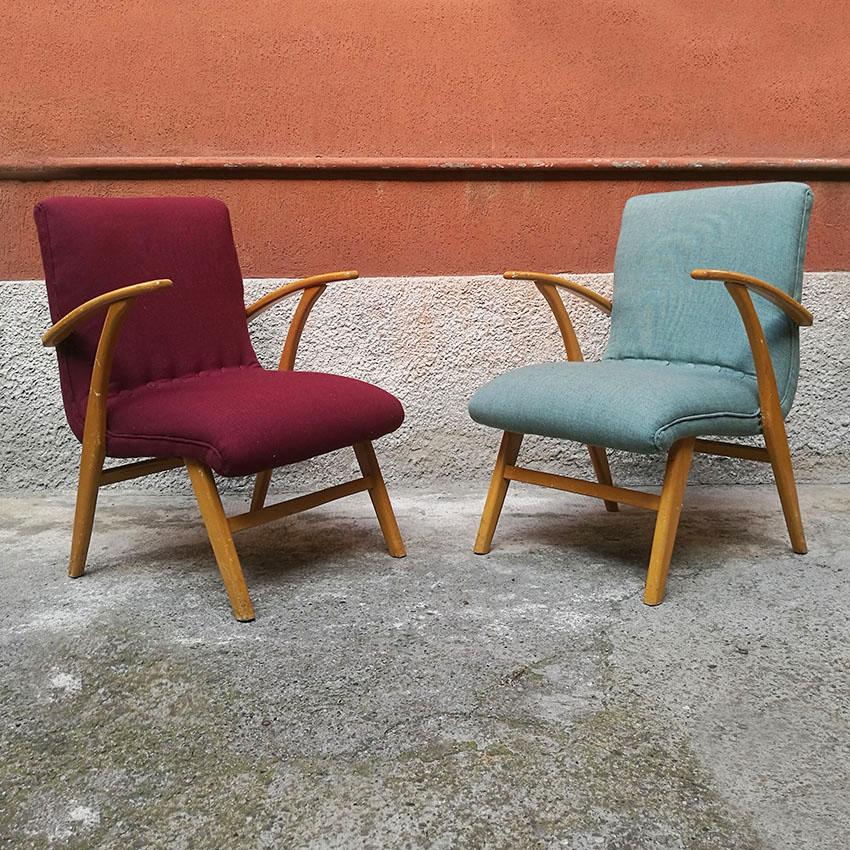 German Midcentury Beech and Colored Fabric Armchairs, 1960s In Good Condition In MIlano, IT