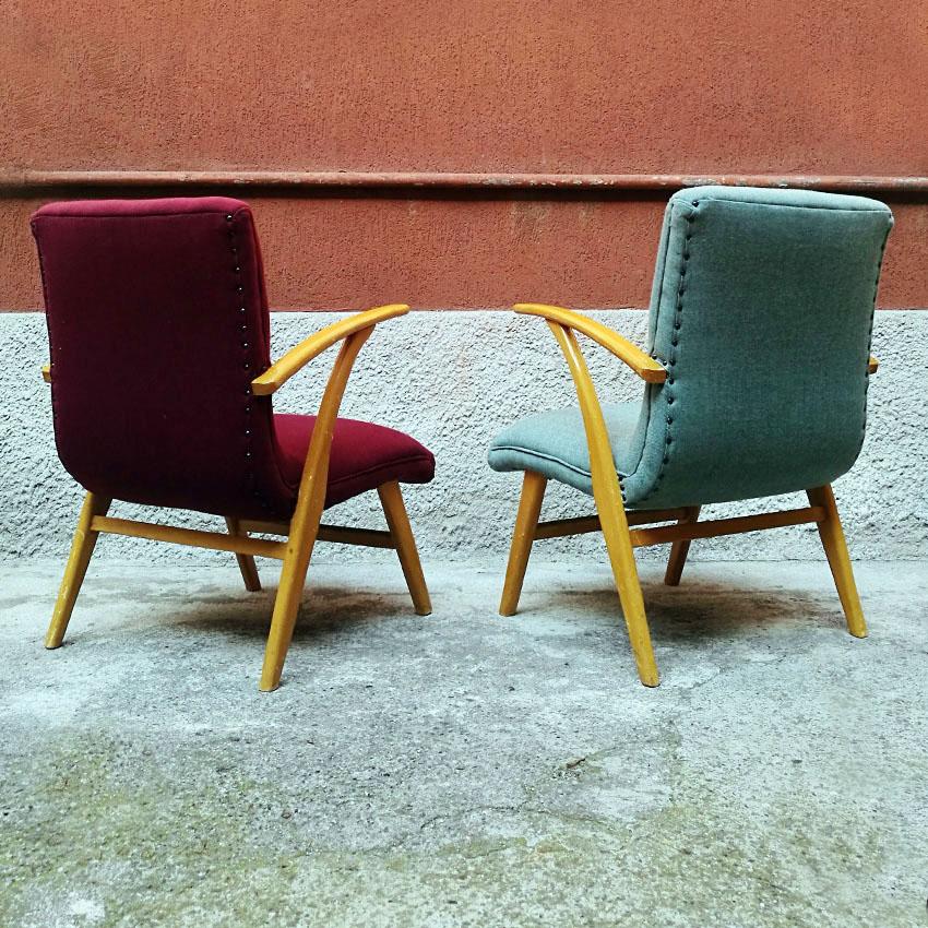 Mid-20th Century German Midcentury Beech and Colored Fabric Armchairs, 1960s