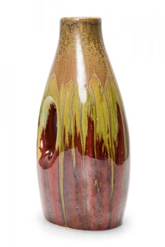 German Mid-Century Beige, Green, and Brown, Drip Glazed Cutout Form Ceramic Vase