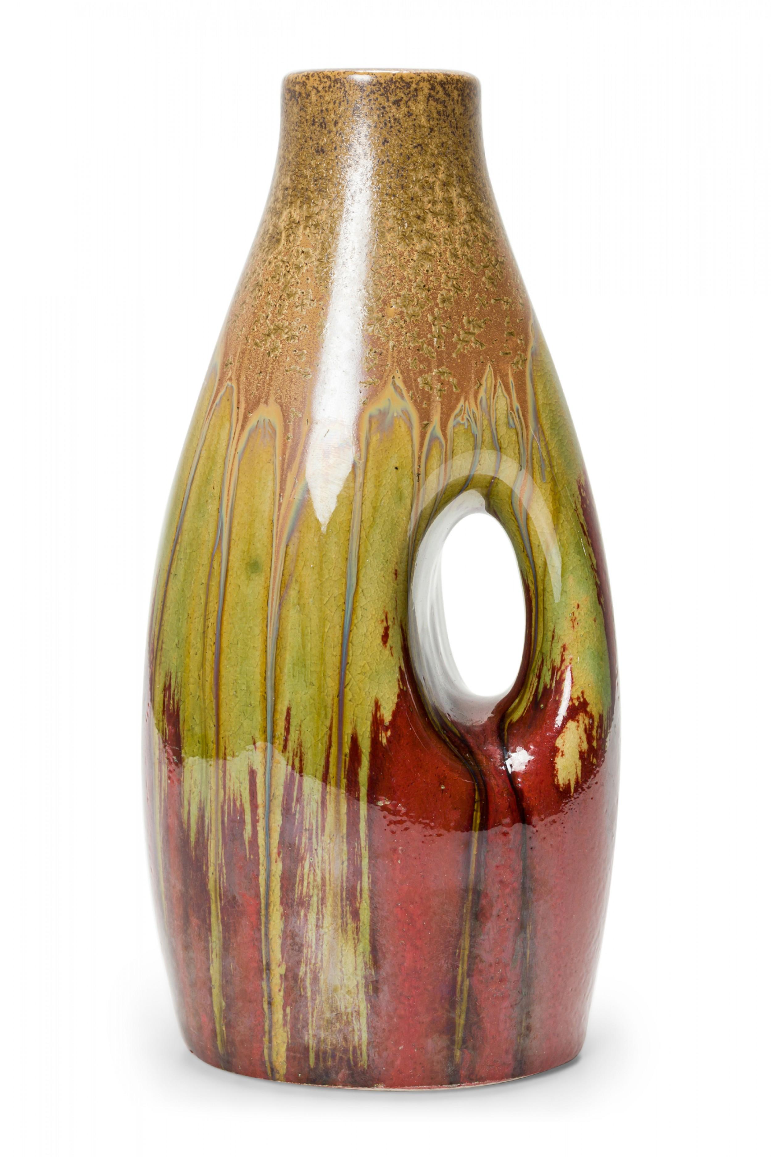 Mid-Century Modern German Mid-Century Beige, Green, and Brown, Drip Glazed Cutout Form Ceramic Vase For Sale