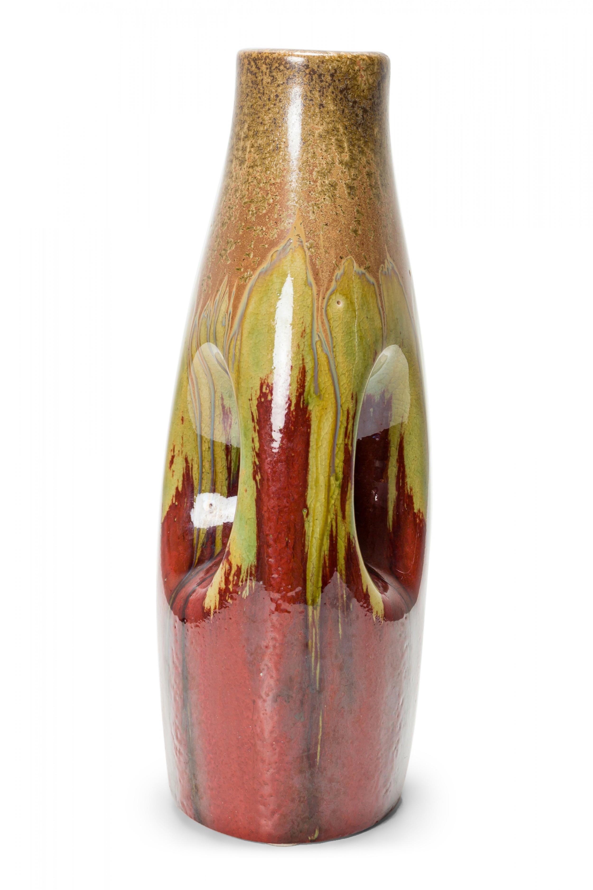 German Mid-Century Beige, Green, and Brown, Drip Glazed Cutout Form Ceramic Vase In Good Condition For Sale In New York, NY