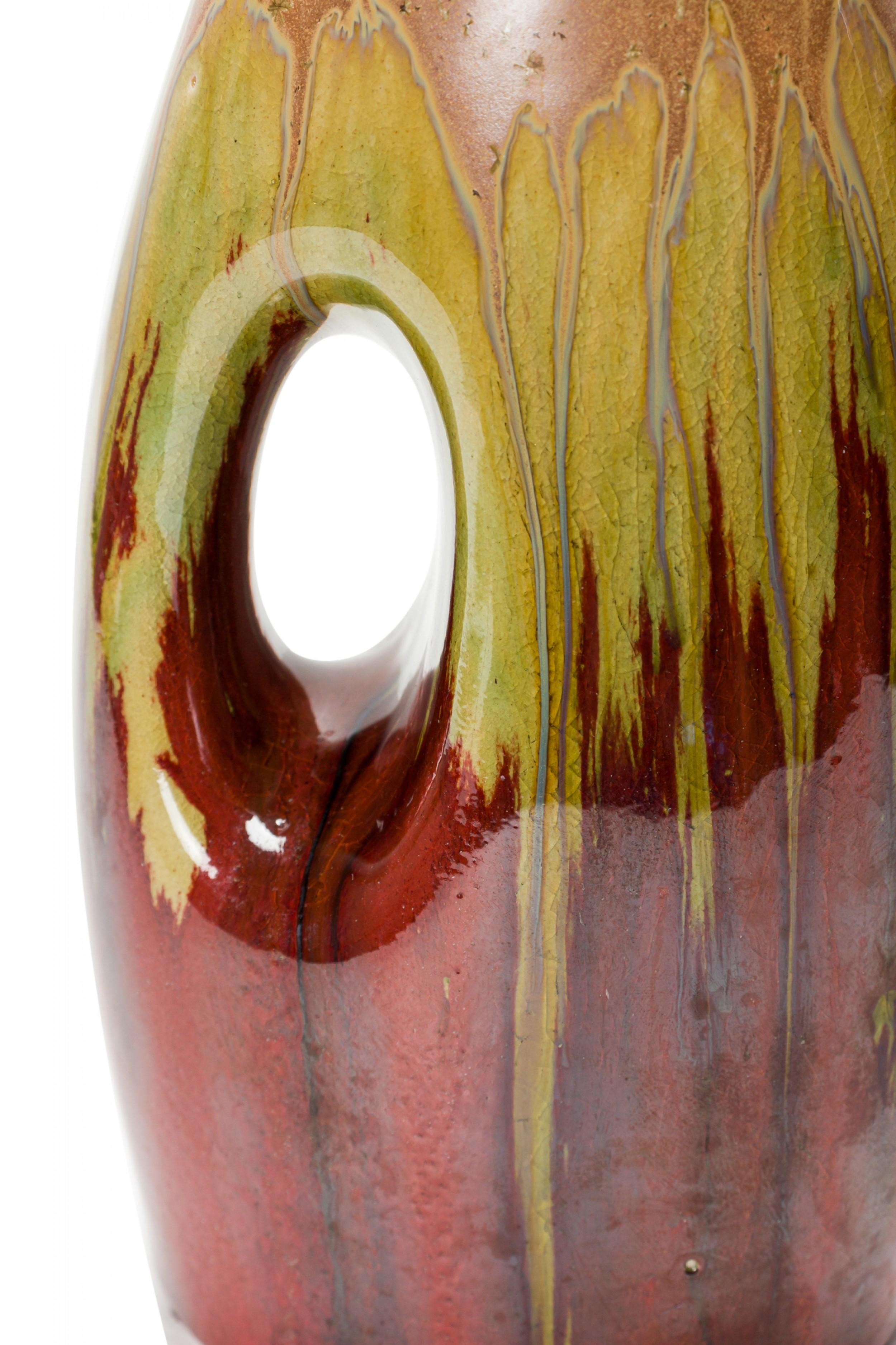 German Mid-Century Beige, Green, and Brown, Drip Glazed Cutout Form Ceramic Vase For Sale 1
