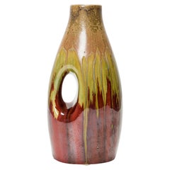 German Mid-Century Beige, Green, and Brown, Drip Glazed Cutout Form Ceramic Vase