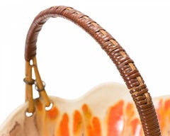 German Mid-Century Beige, Orange, and Brown Glazed Rattan Handle Ceramic Basket