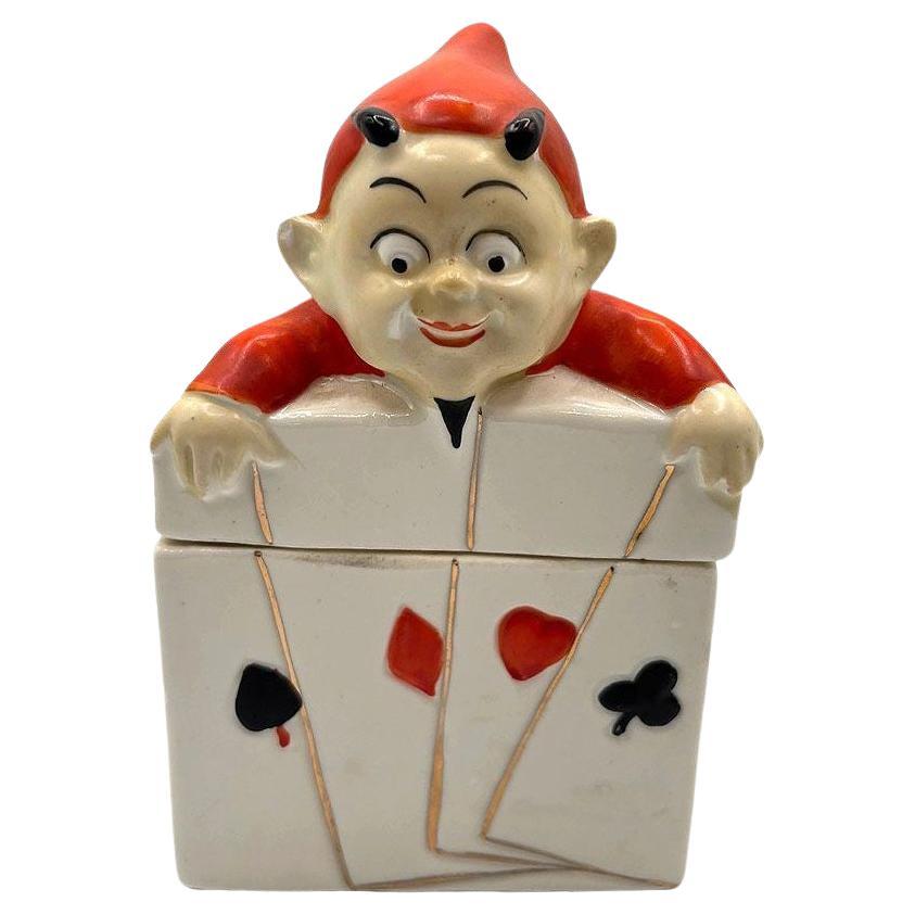 Tabaquera/Tarjeta Diablo Alemana de Cerámica de Mitad de Siglo con Tapa en venta