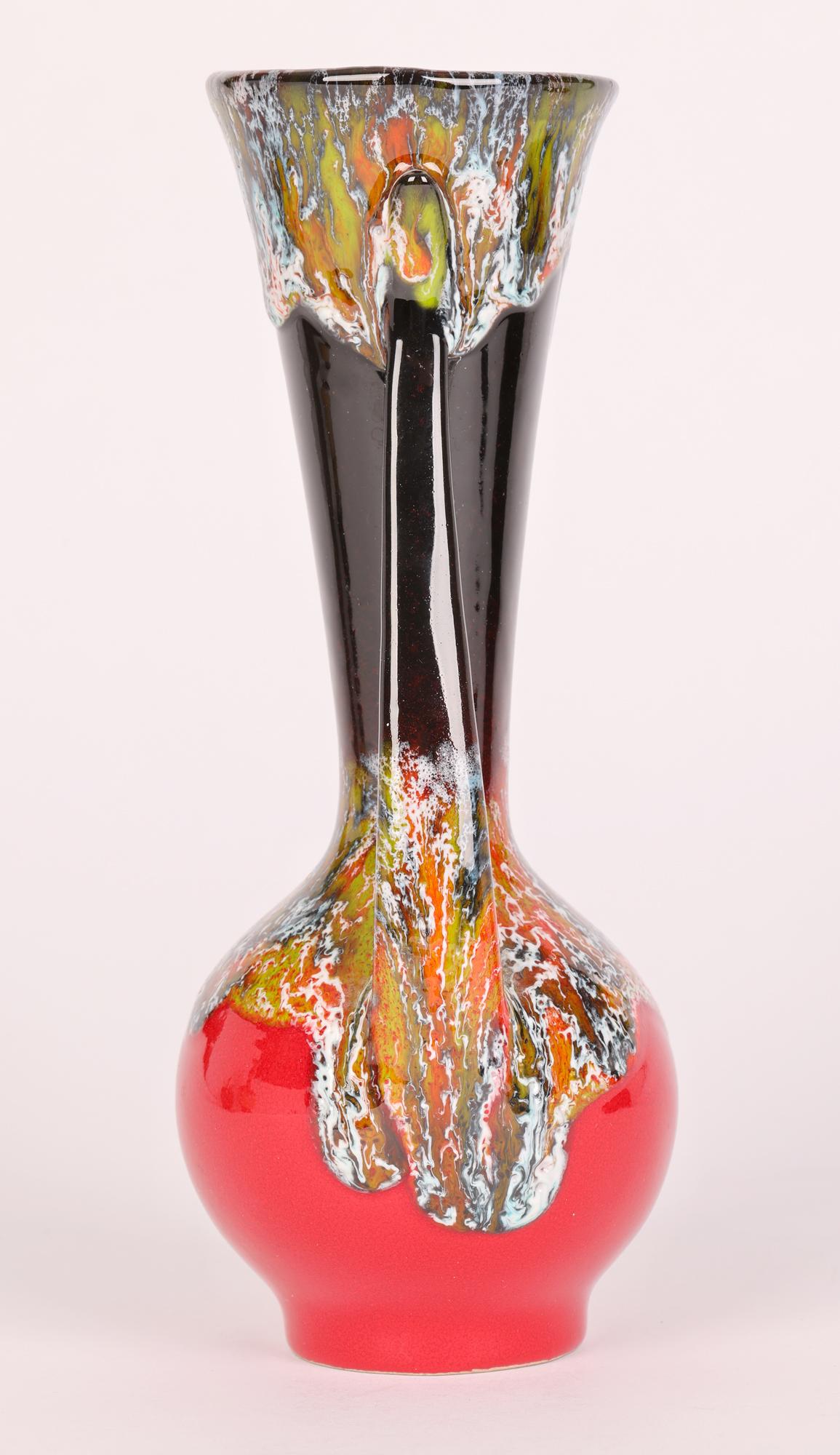 German Mid-Century Drip Glazed Twin Handle Art Pottery Vase 8