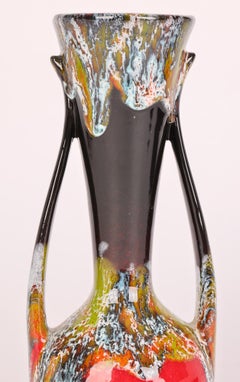 German Mid-Century Drip Glazed Twin Handle Art Pottery Vase