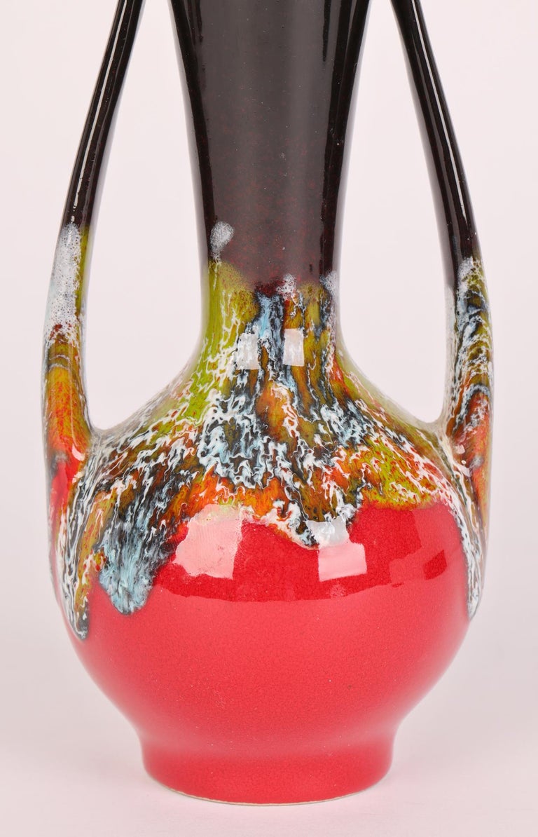 Mid-Century Modern German Mid-Century Drip Glazed Twin Handle Art Pottery Vase For Sale