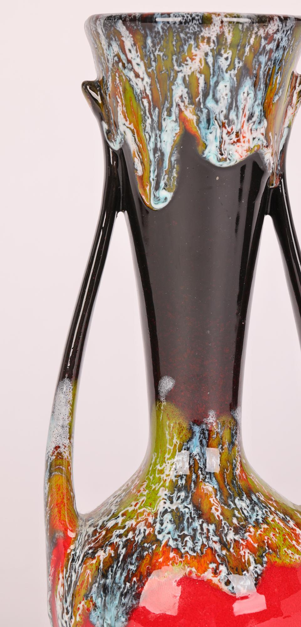 German Mid-Century Drip Glazed Twin Handle Art Pottery Vase In Good Condition In Bishop's Stortford, Hertfordshire