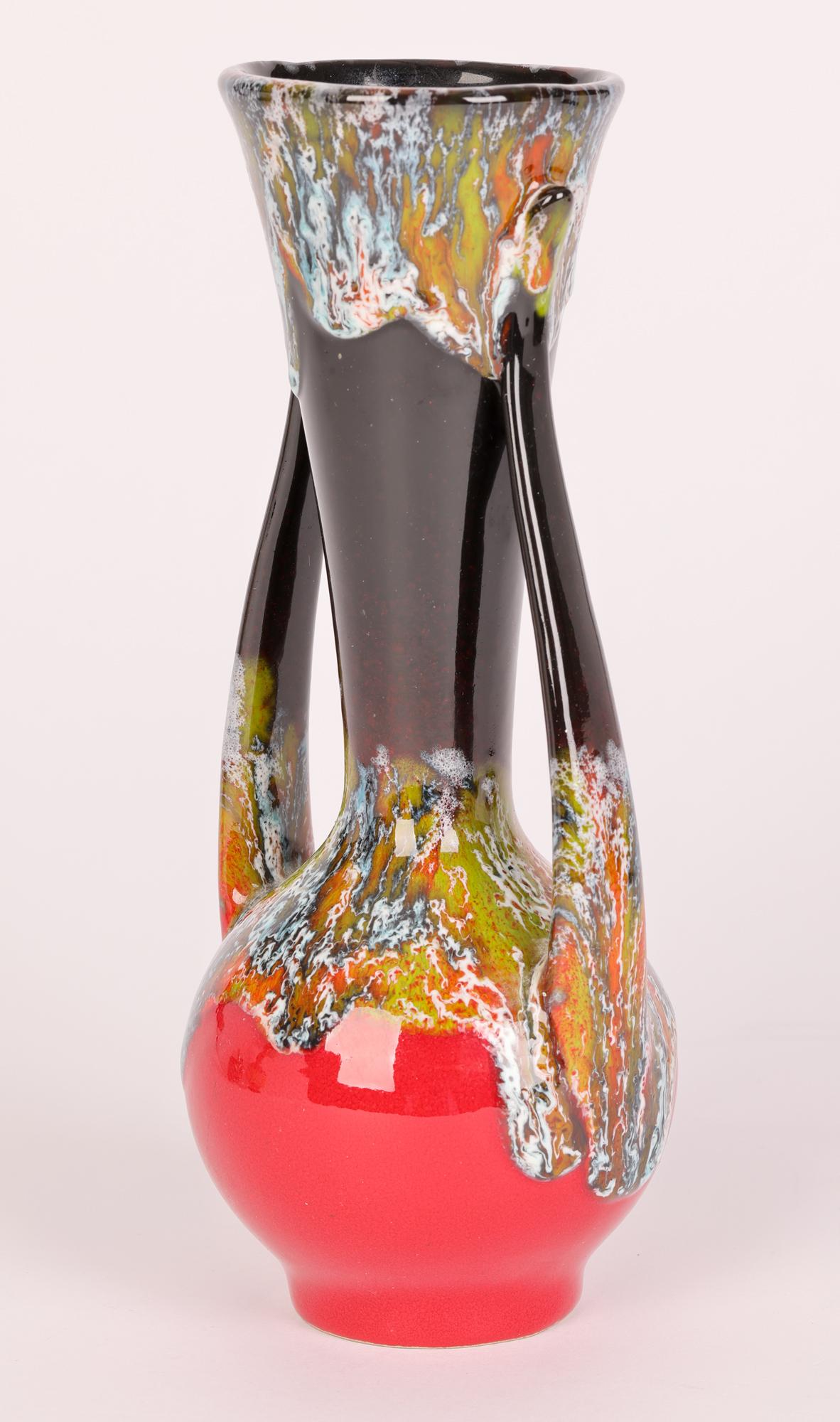 German Mid-Century Drip Glazed Twin Handle Art Pottery Vase 2