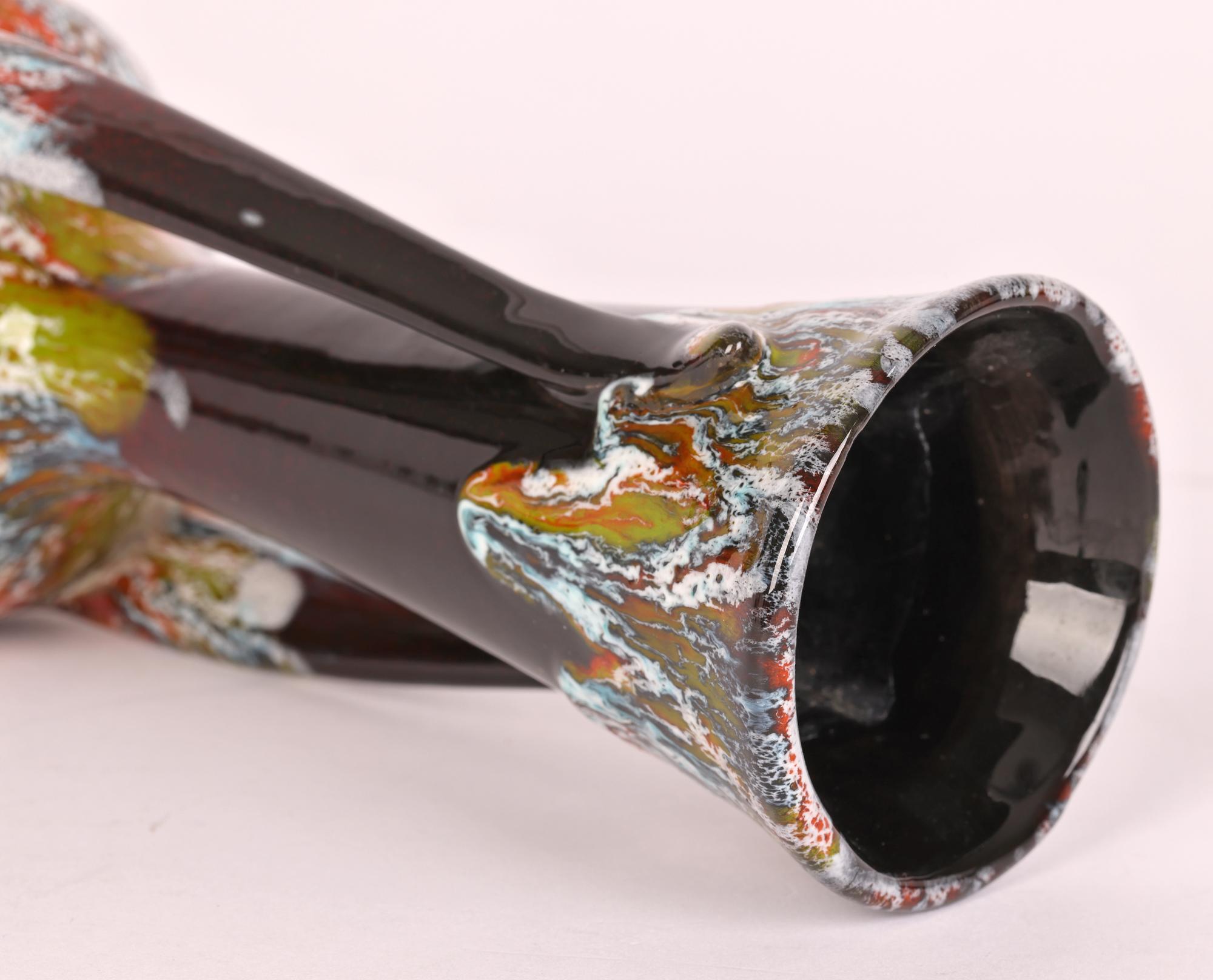 German Mid-Century Drip Glazed Twin Handle Art Pottery Vase 3