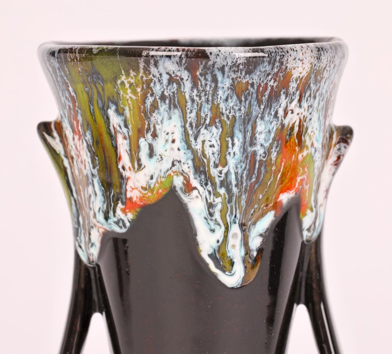 German Mid-Century Drip Glazed Twin Handle Art Pottery Vase For Sale 4