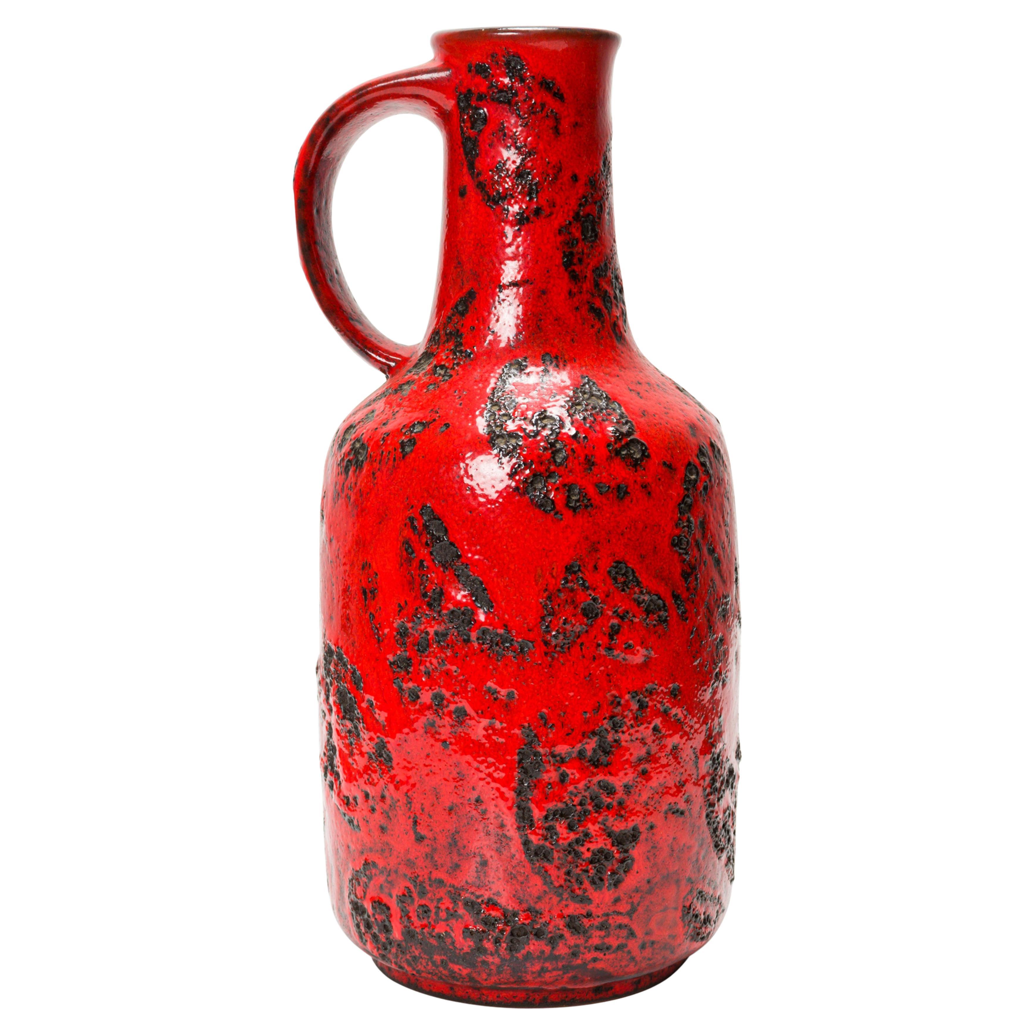 German Mid-Century Fat Lava Red and Black Glazed Ceramic Vase with Handle For Sale