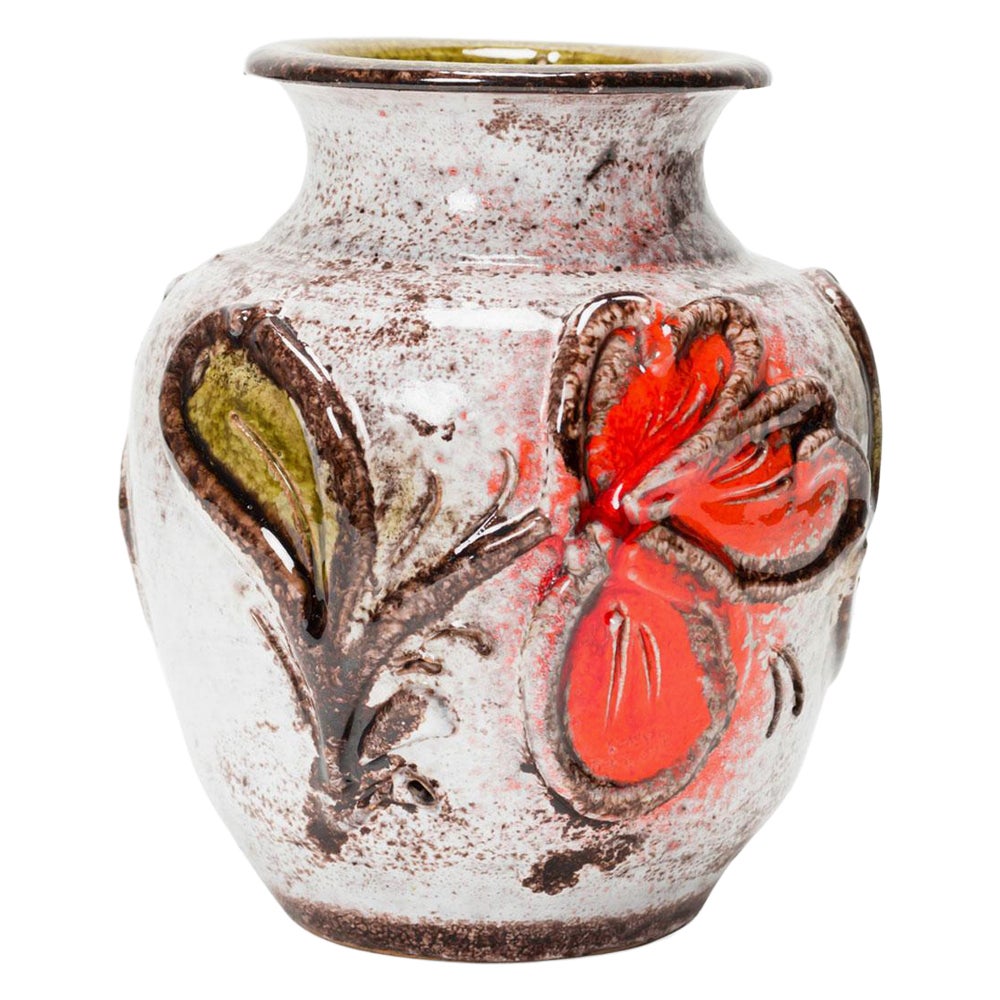 German Mid-Century Flower and Leaf Design Red, Green
Gray Glazed Ceramic Vase