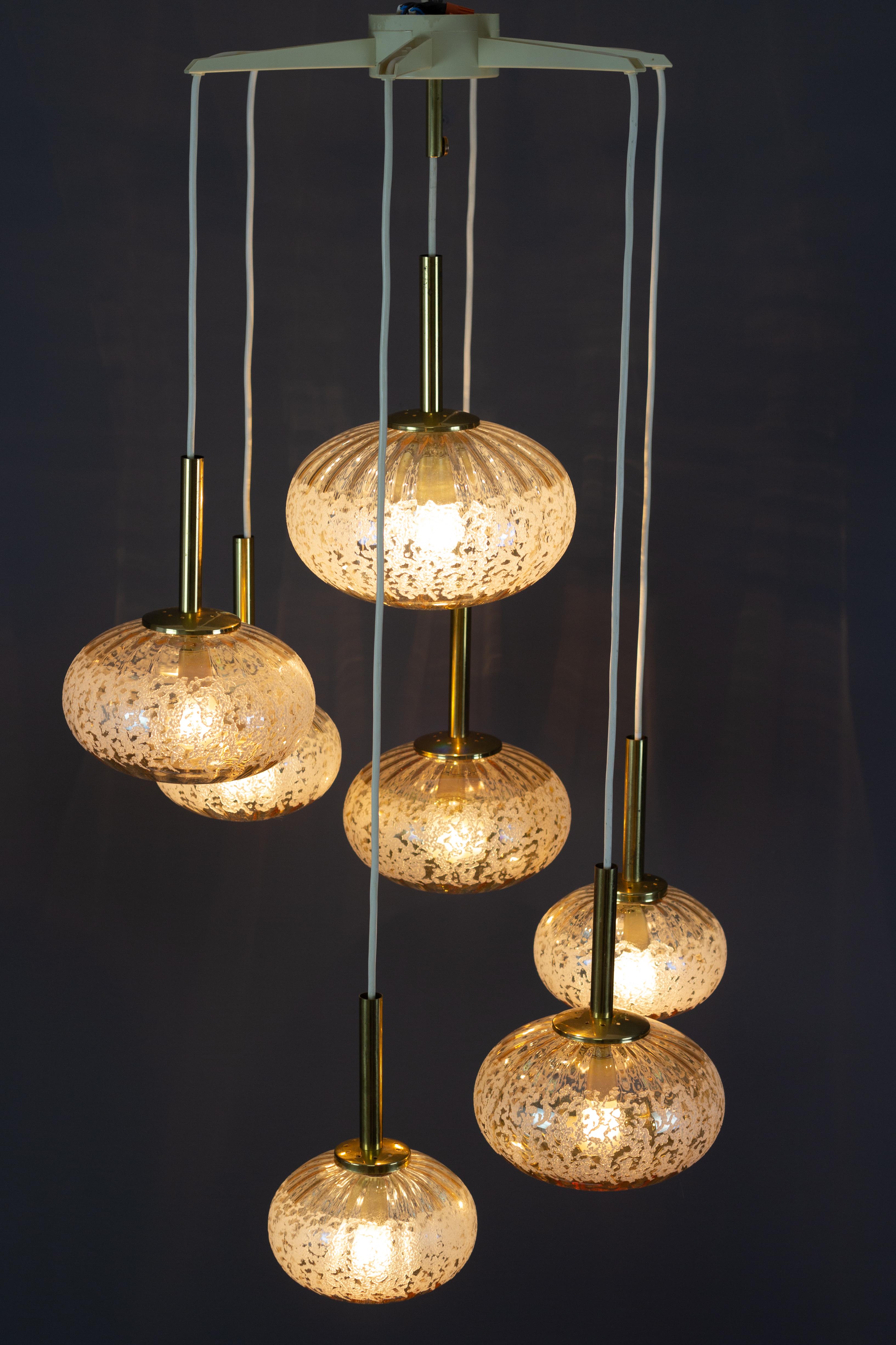Late 20th Century German Mid-Century Glass Globes Cascading Seven-Light Pendant Chandelier