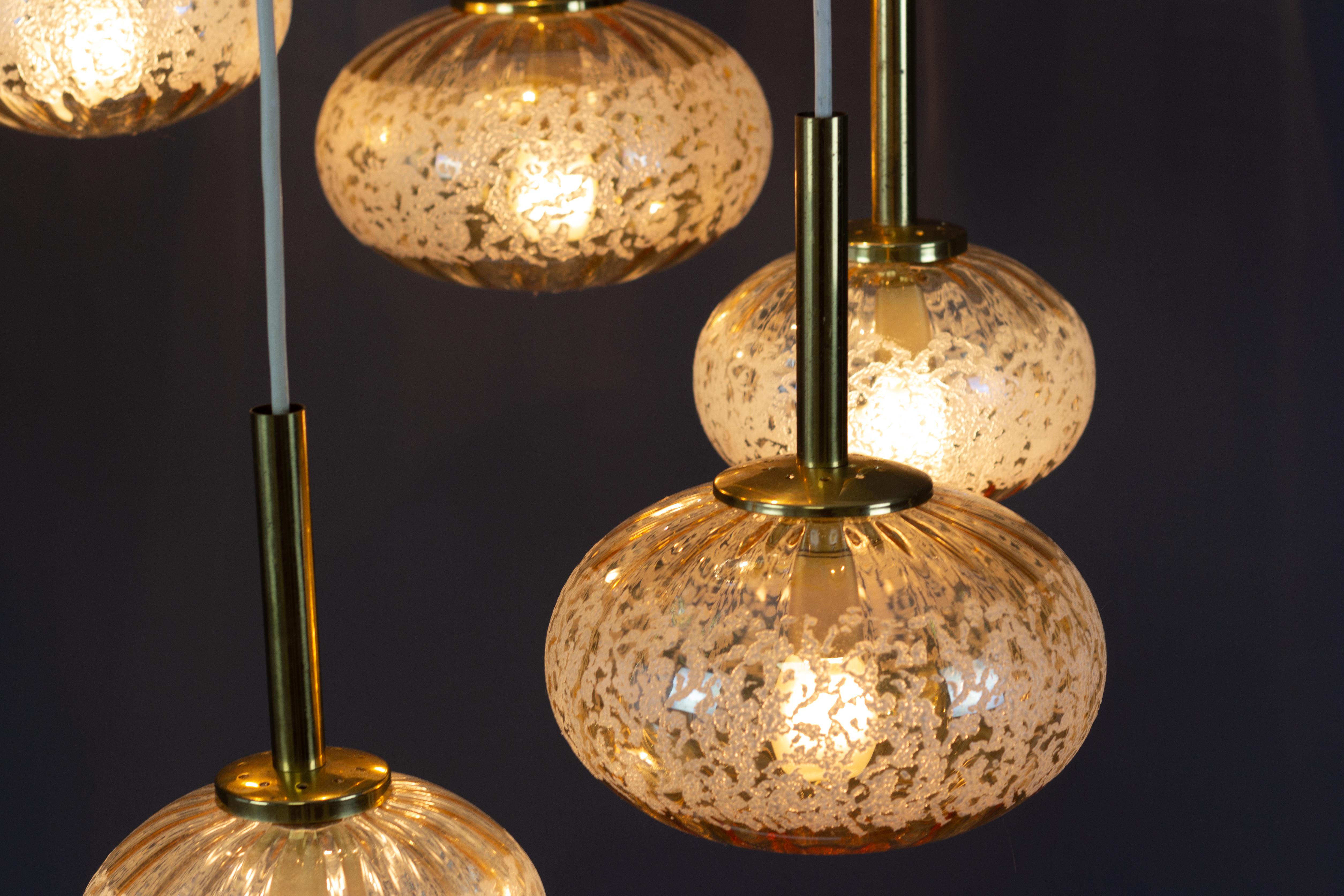 Brass German Mid-Century Glass Globes Cascading Seven-Light Pendant Chandelier