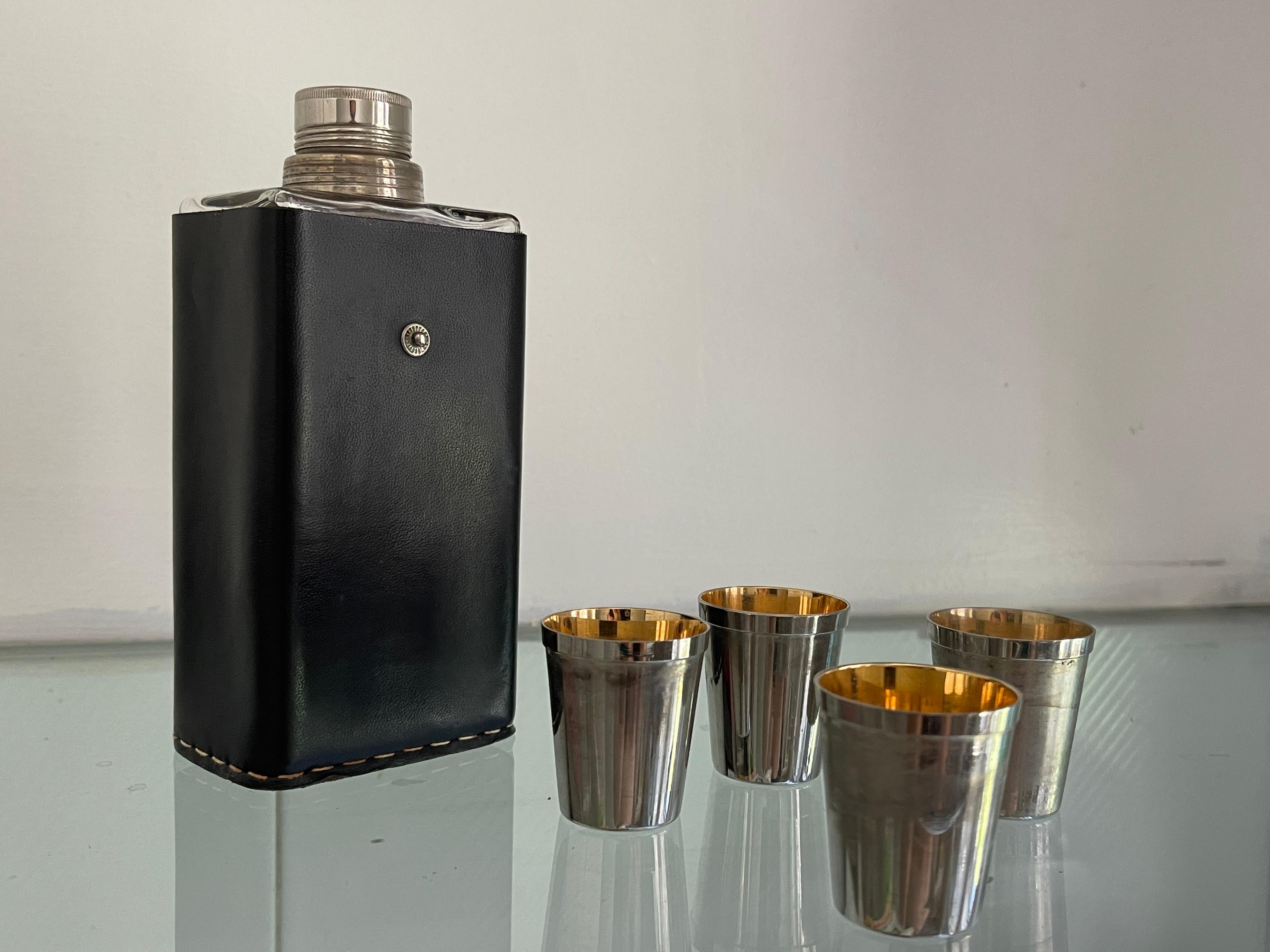 German Mid-Century Hand Stitched Black Leather Glass Flask / Shot Glass Set For Sale 5