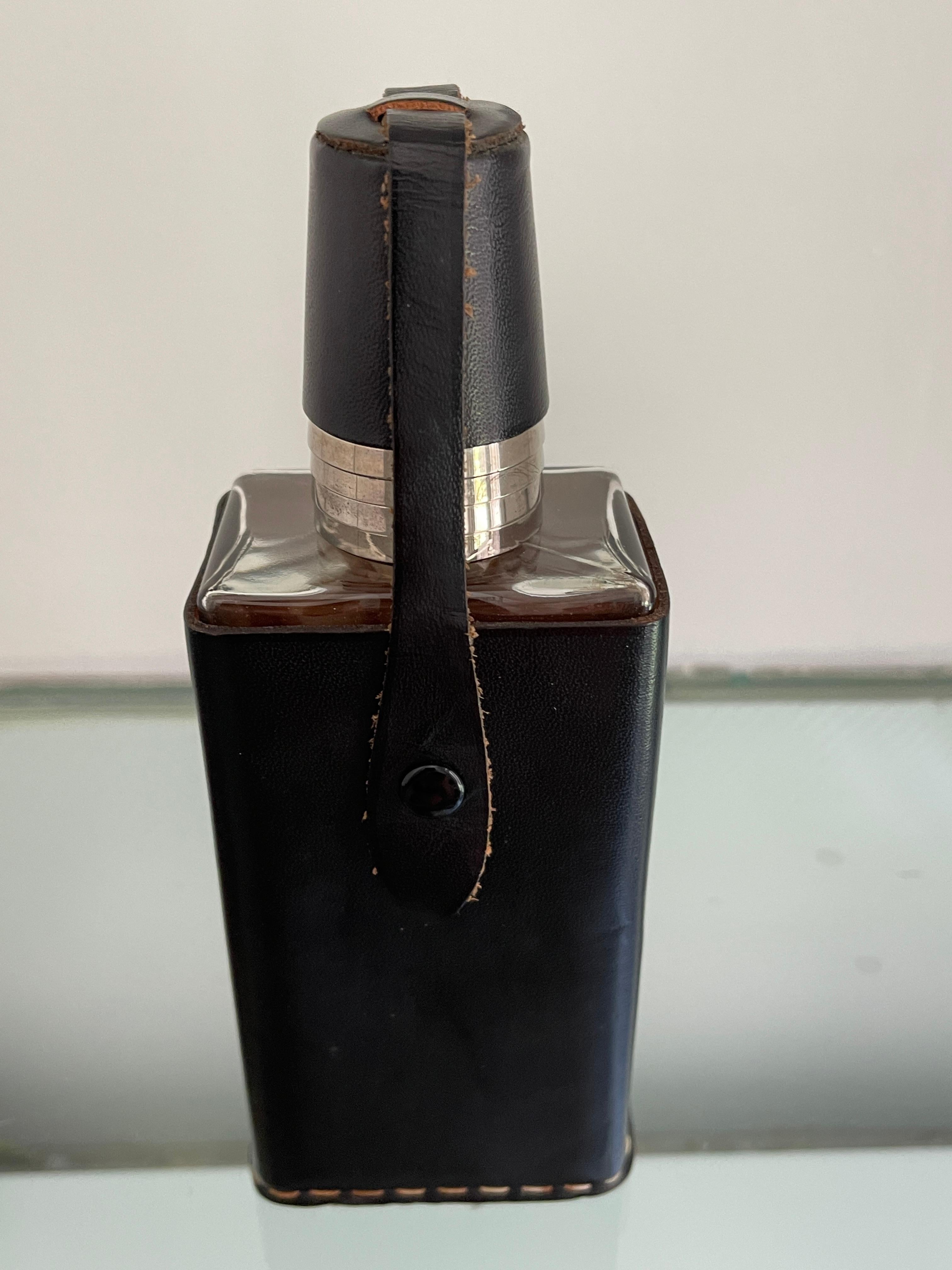 Hand-Crafted German Mid-Century Hand Stitched Black Leather Glass Flask / Shot Glass Set For Sale