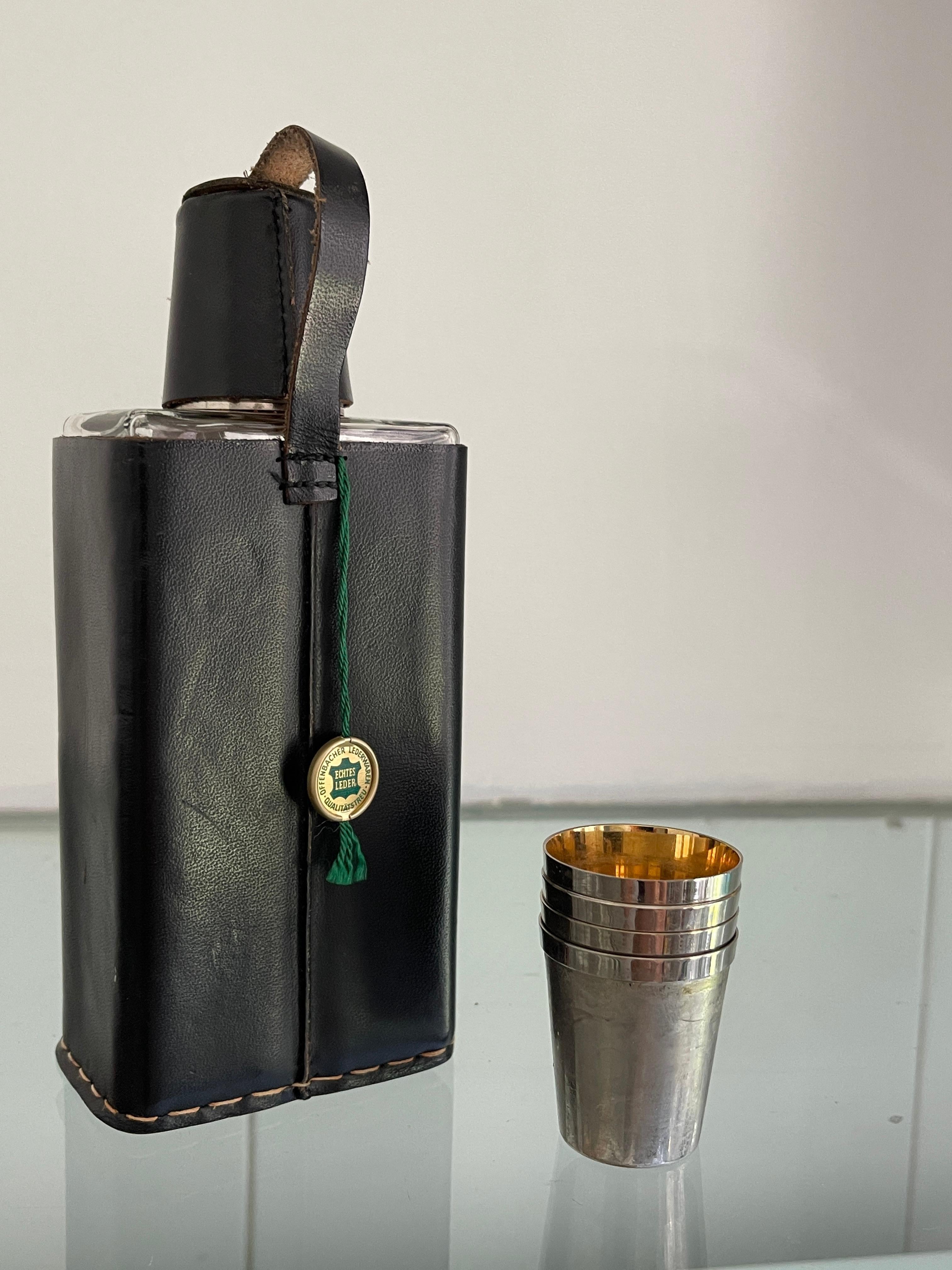 20th Century German Mid-Century Hand Stitched Black Leather Glass Flask / Shot Glass Set For Sale
