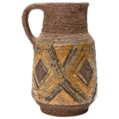 German Mid-Century Heavily Textured Incised Square Design Ceramic Pitcher