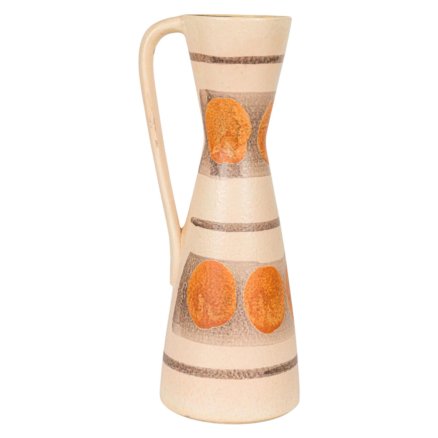German Mid-Century Hourglass Form Beige and Horizontally Patterned Handled Vase For Sale