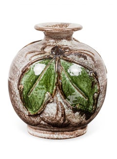 German Mid-Century Leaf and Fruit Design Orange, and Gray Glazed Ceramic Vase