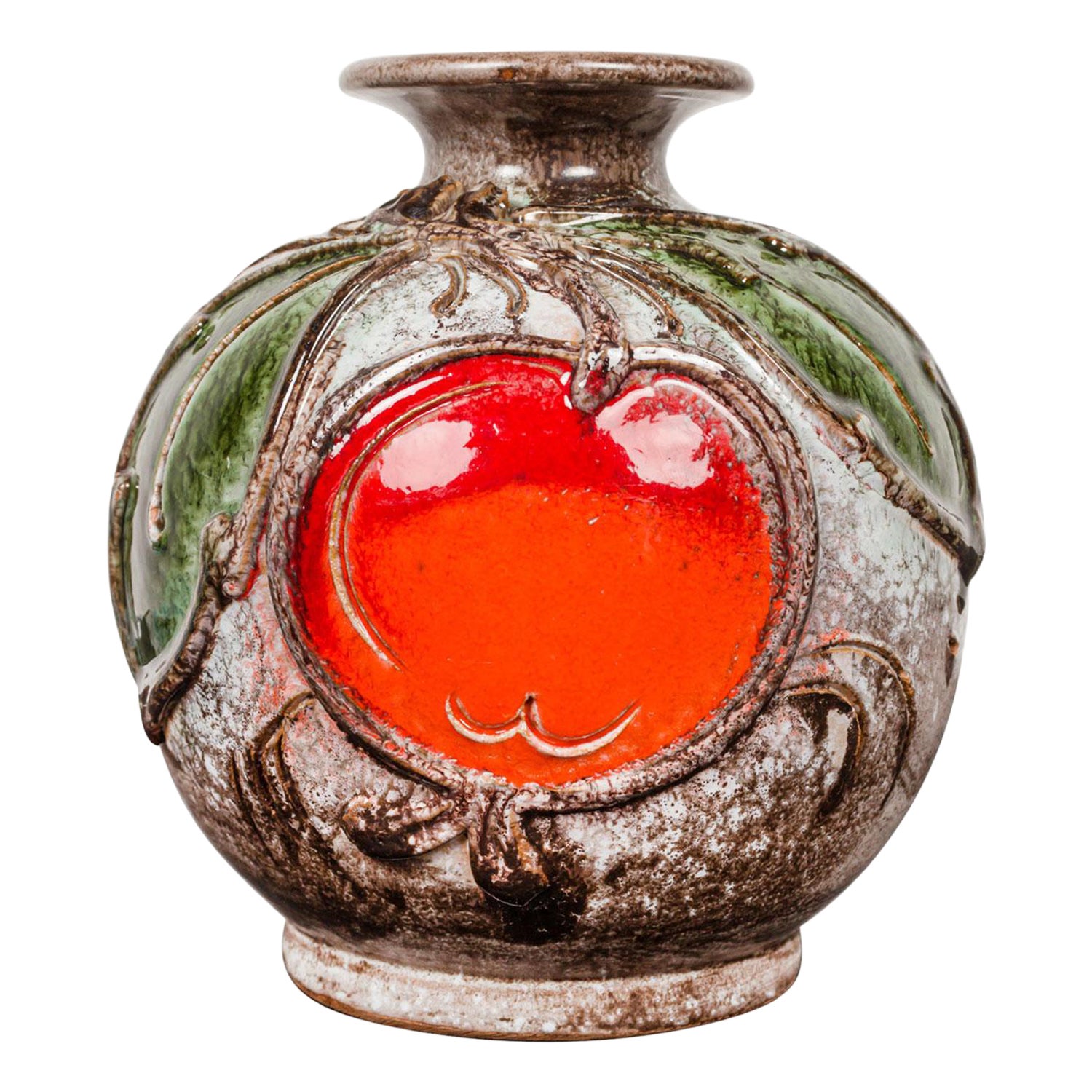 German Mid-Century Leaf and Fruit Design Orange, and Gray Glazed Ceramic Vase en venta