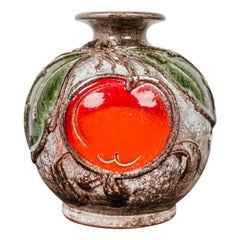 German Mid-Century Leaf and Fruit Design Orange, and Gray Glazed Ceramic Vase