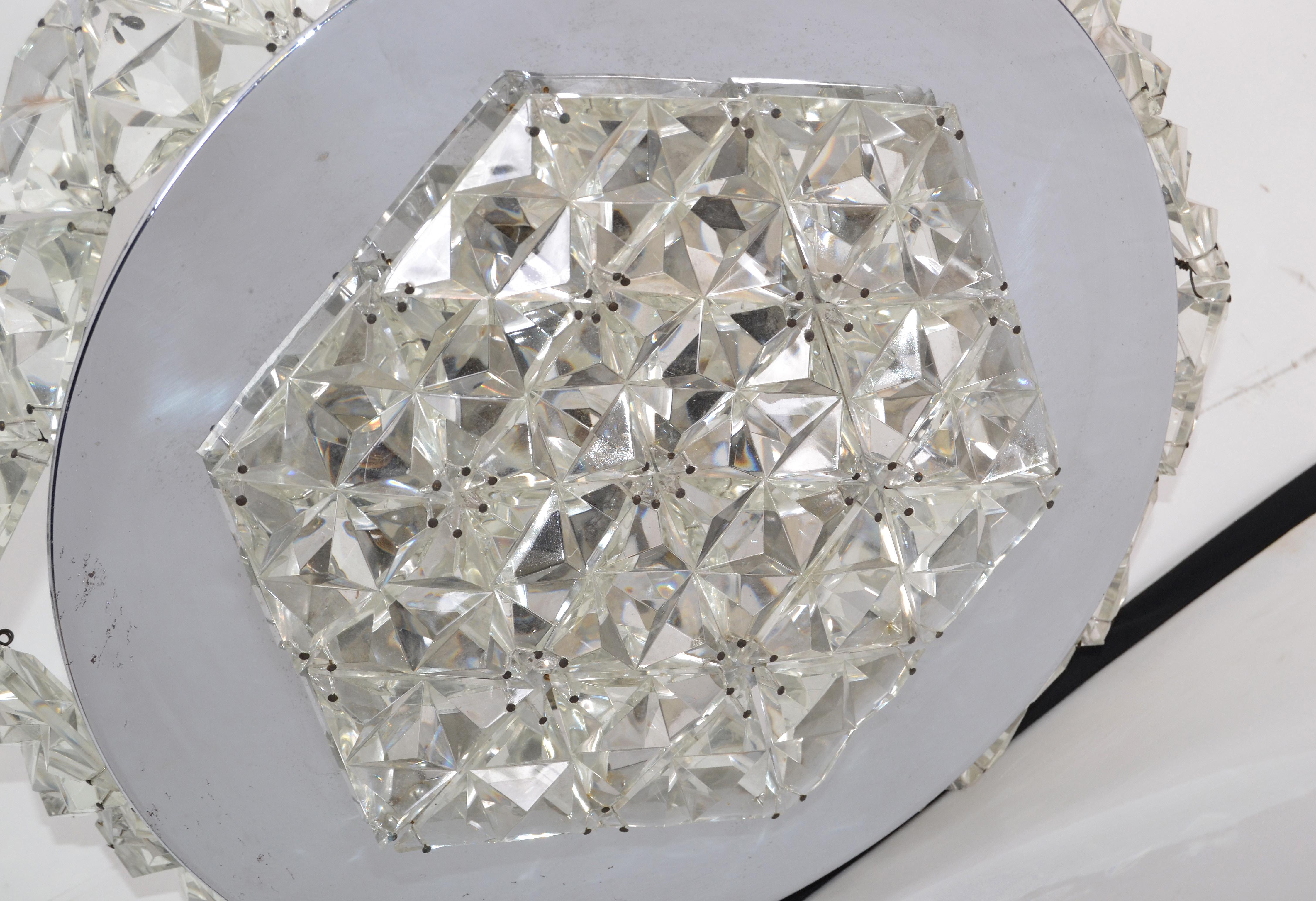 German Mid-Century Modern Chrome and Crystal Flushmount Ceiling Light Fixture, 1970s For Sale