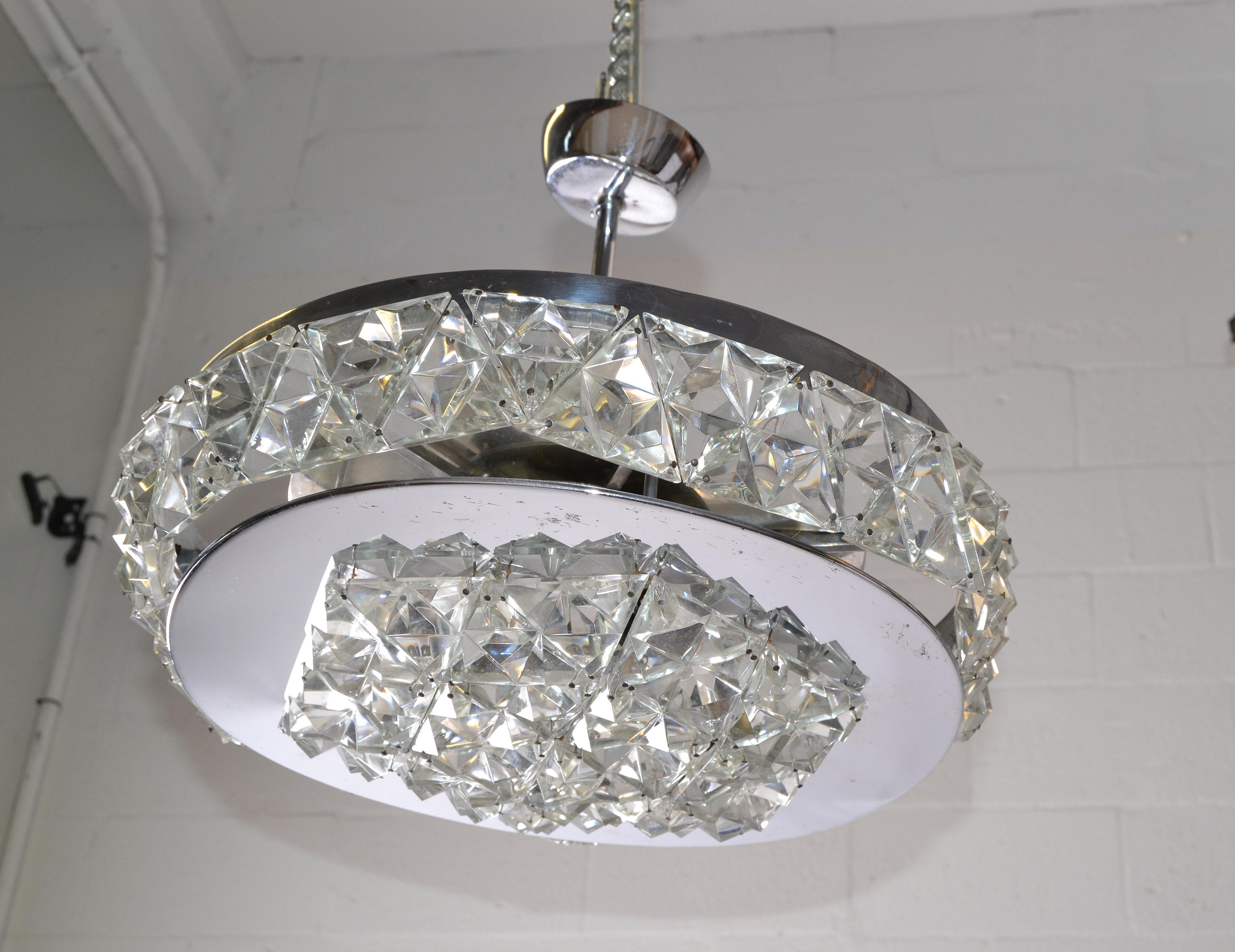 Late 20th Century Mid-Century Modern Chrome and Crystal Flushmount Ceiling Light Fixture, 1970s For Sale