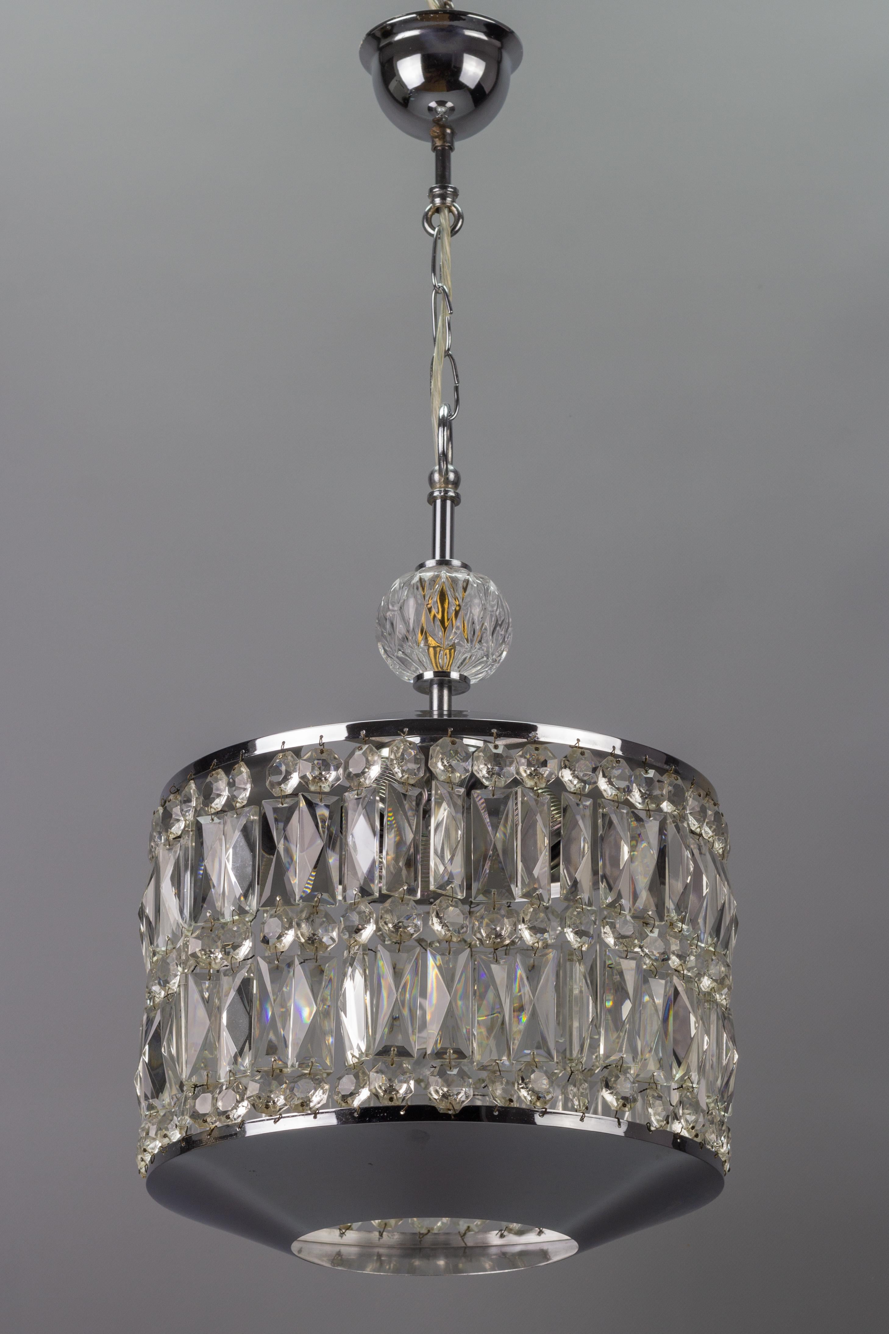German Mid-Century Modern Crystal Glass and Chrome Chandelier or Pendant Light For Sale 10