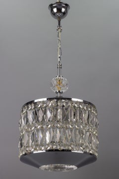 German Mid-Century Modern Crystal Glass and Chrome Chandelier or Pendant Light
