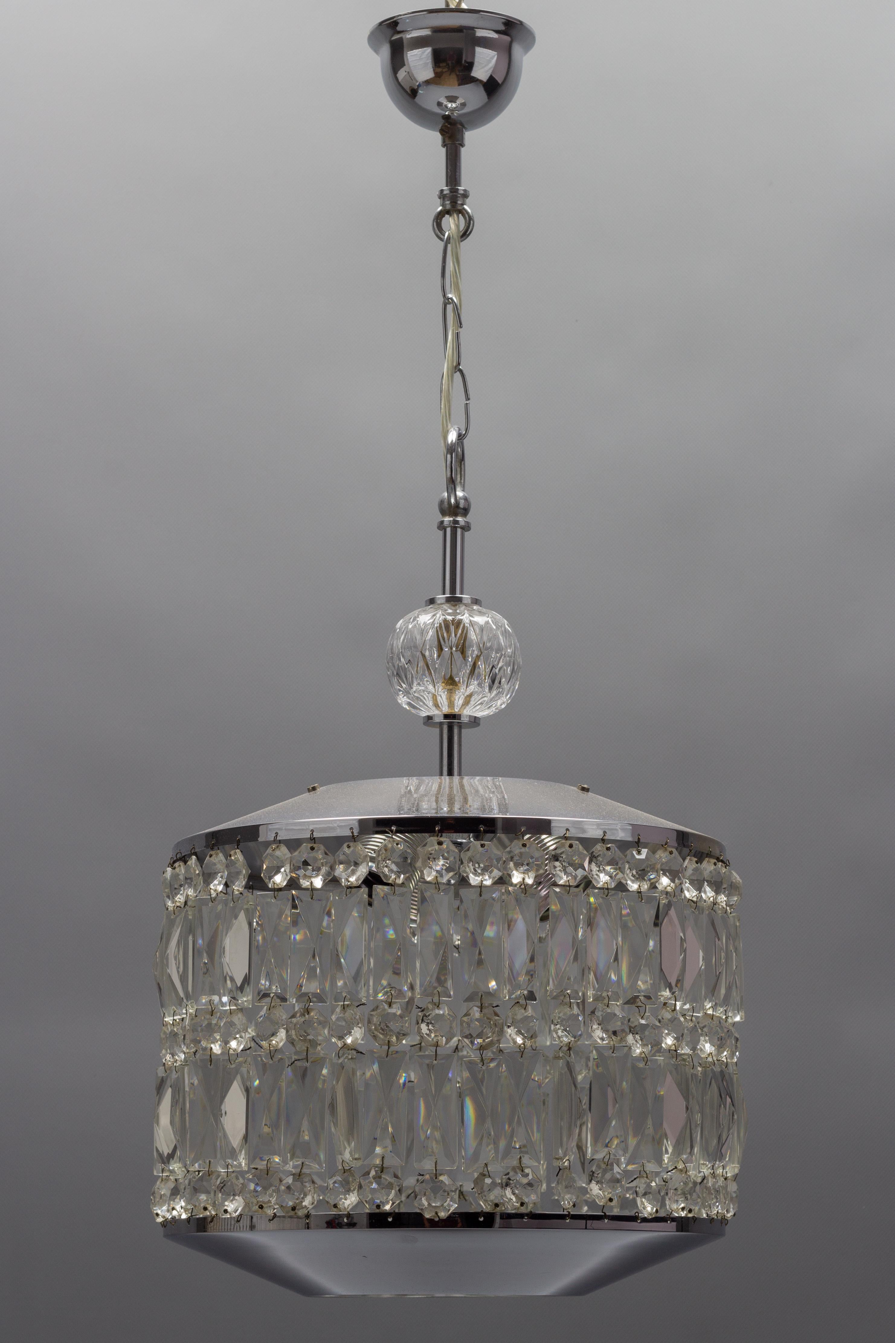 Metal German Mid-Century Modern Crystal Glass and Chrome Chandelier or Pendant Light For Sale