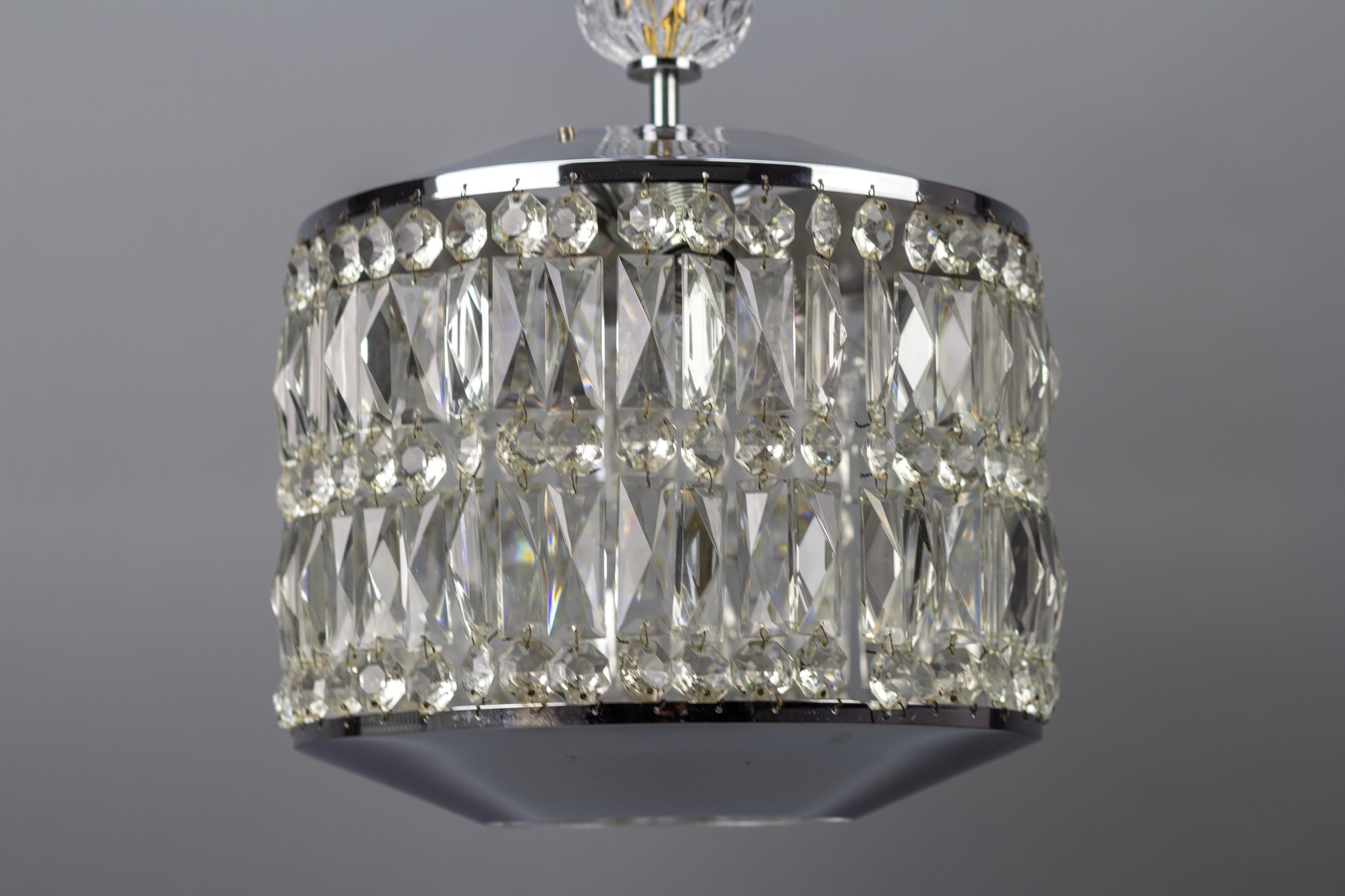 German Mid-Century Modern Crystal Glass and Chrome Chandelier or Pendant Light For Sale 1
