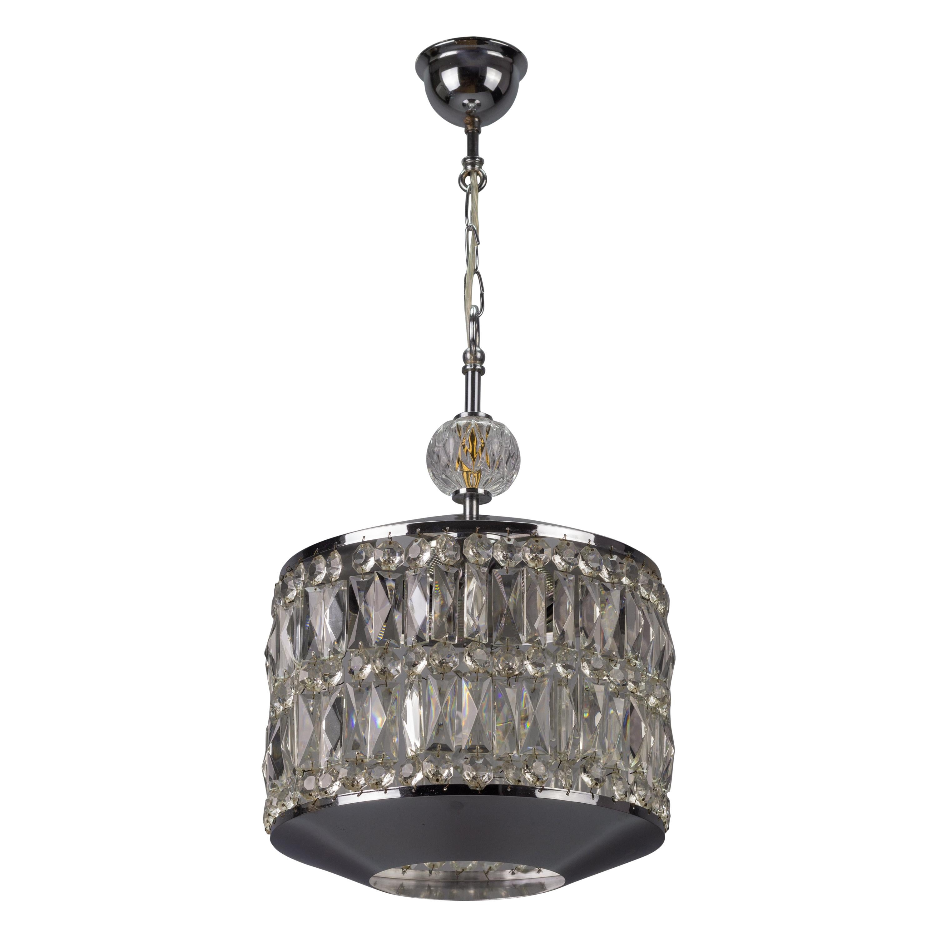 German Mid-Century Modern Crystal Glass and Chrome Chandelier or Pendant Light For Sale