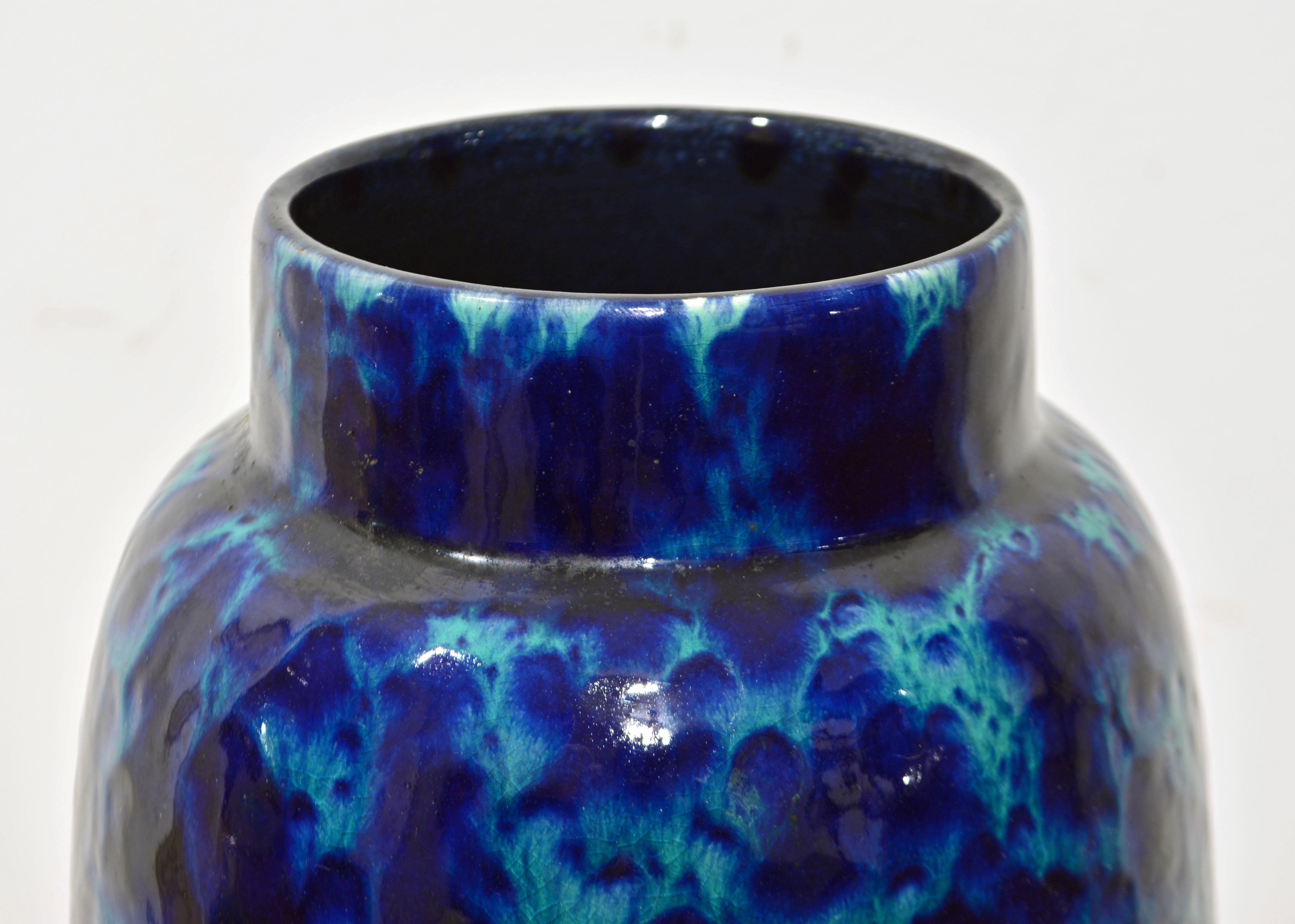Glazed German Mid Century Modern Deep Blue and Turquoise Art Pottery Vase by Scheurich For Sale