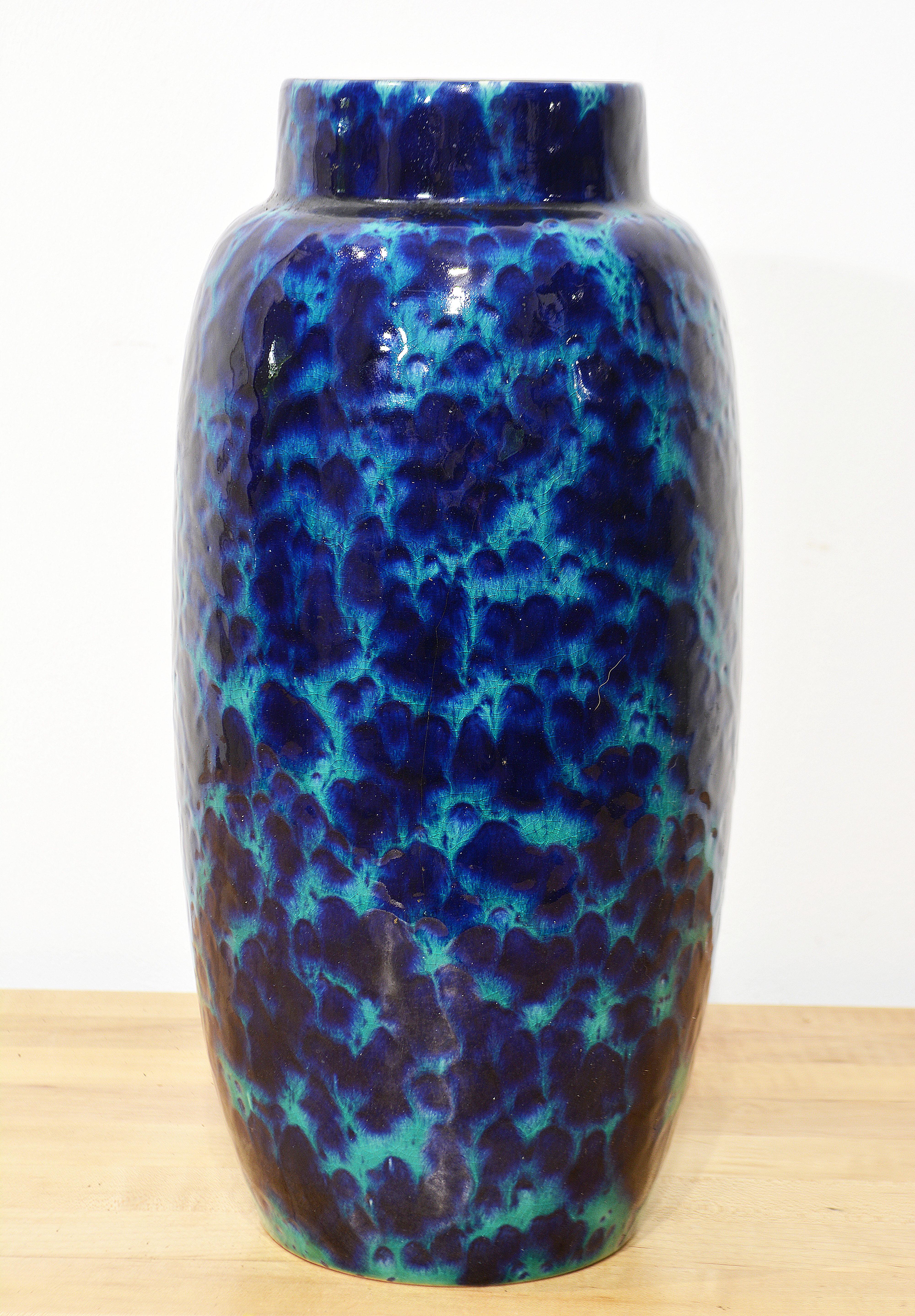 German Mid Century Modern Deep Blue and Turquoise Art Pottery Vase by Scheurich For Sale 2