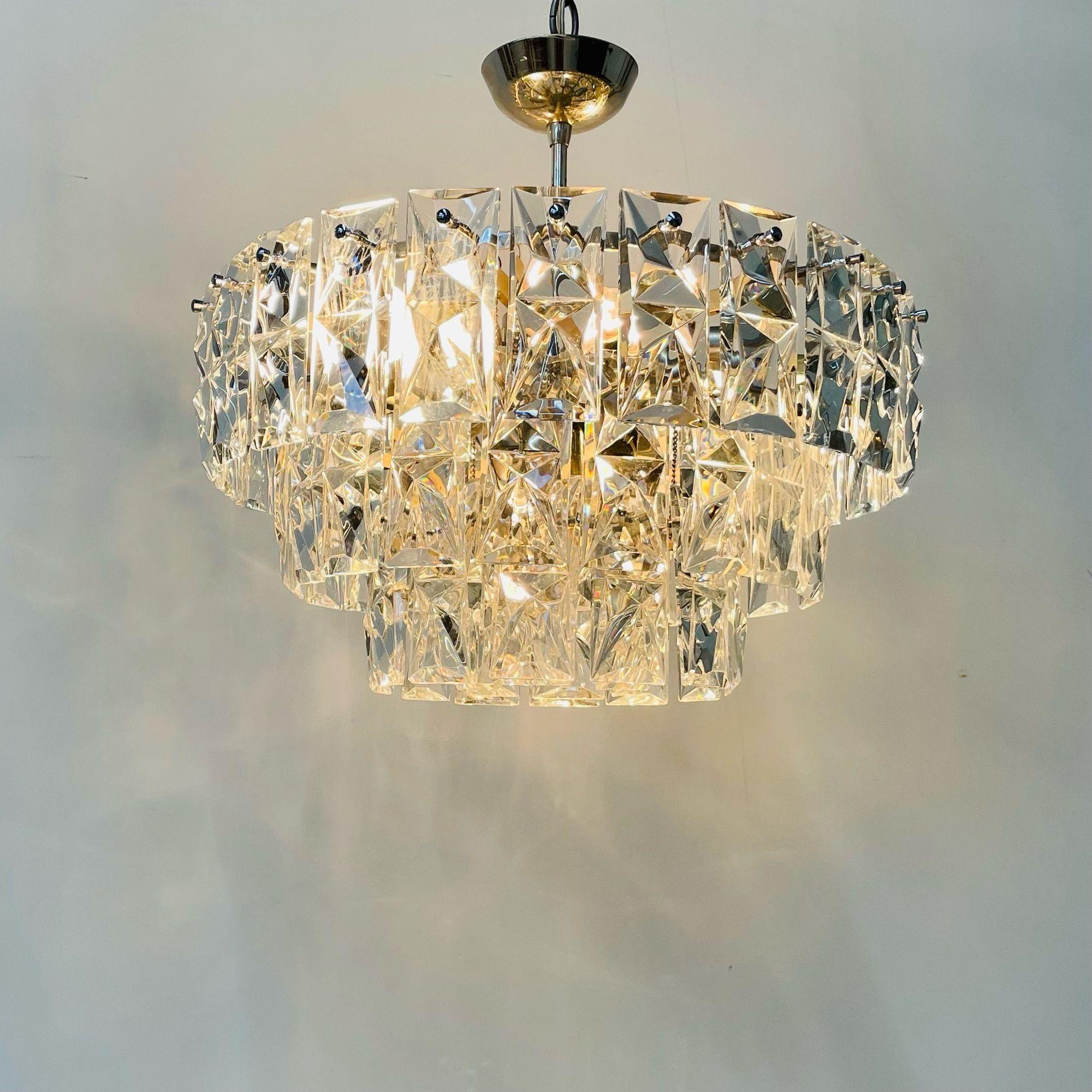 German Mid-Century Modern Four Tier Chandelier, Nickel / Brass, Geometric, 1970s In Good Condition For Sale In Manhasset, NY