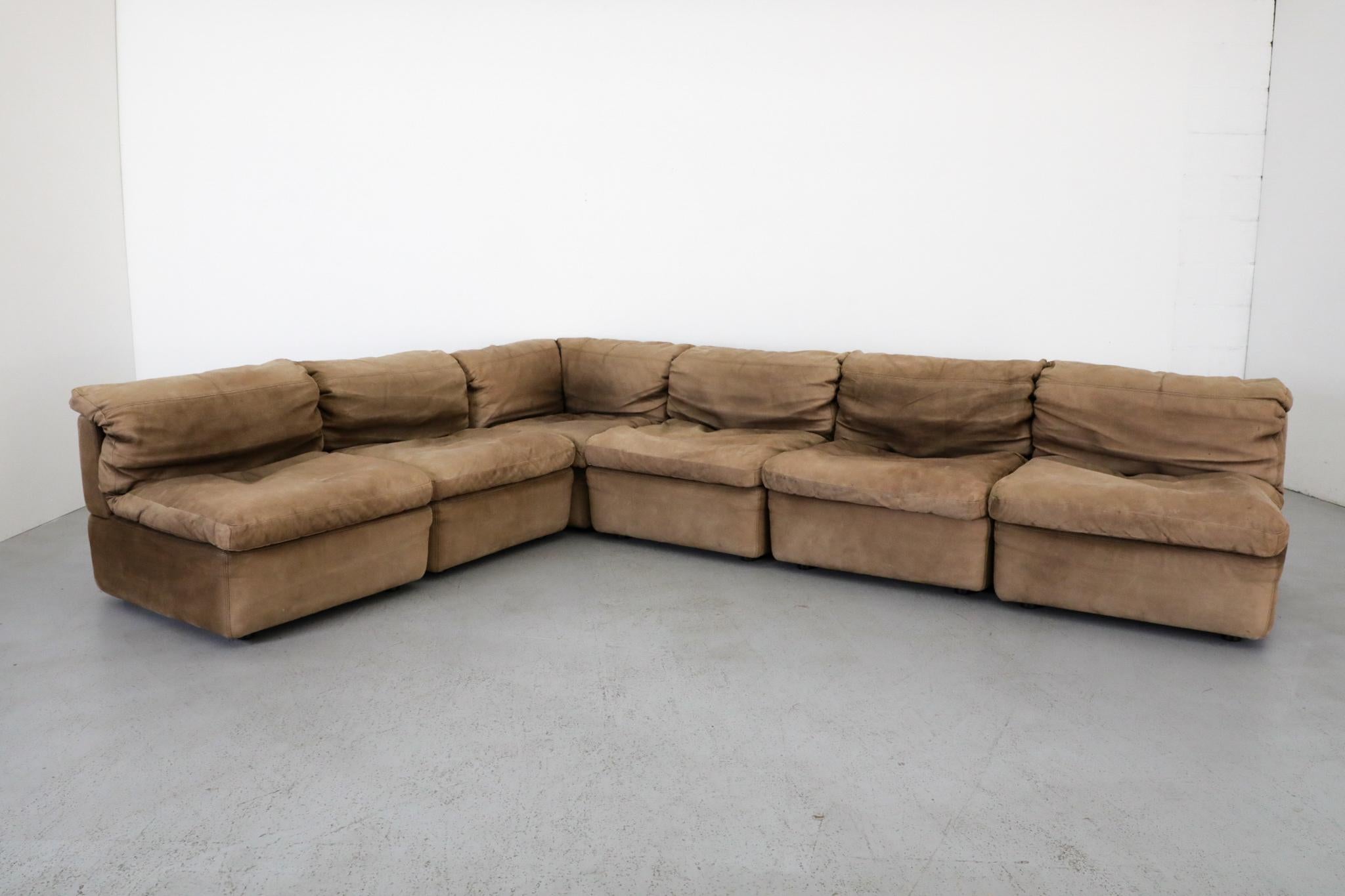Mid-Century Modern German Mid-Century Natural Buck Leather Six Piece Sectional Sofa by Rolf Benz