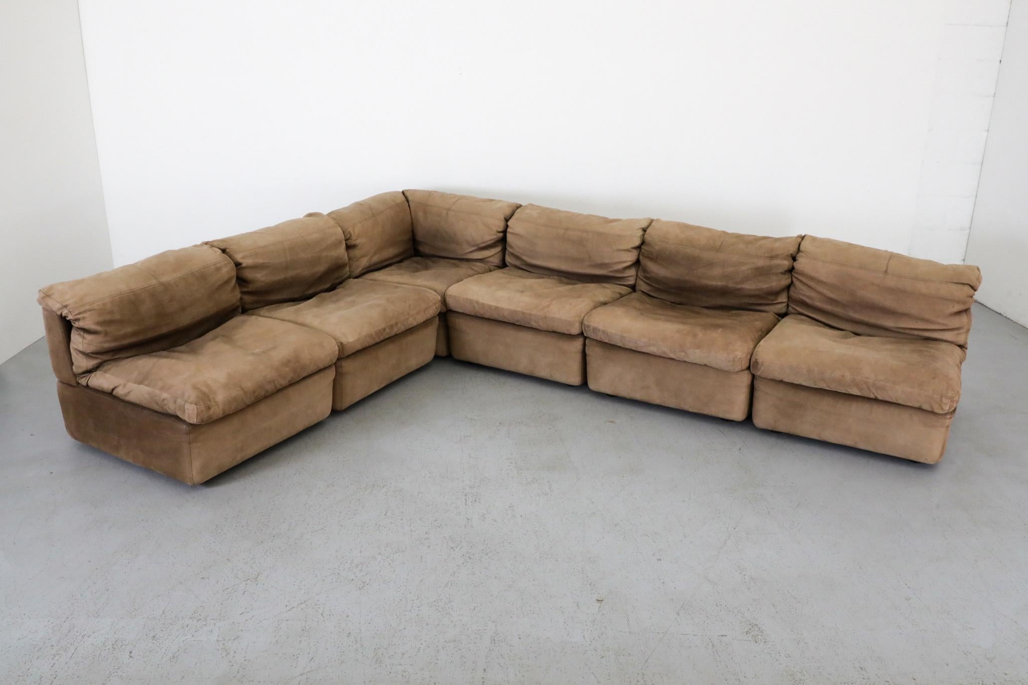 German Mid-Century Natural Buck Leather Six Piece Sectional Sofa by Rolf Benz 4