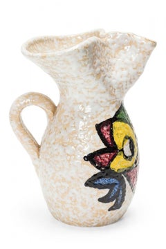 German Mid-Century Organic Folded Opening Painted Design Glazed Ceramic Pitcher