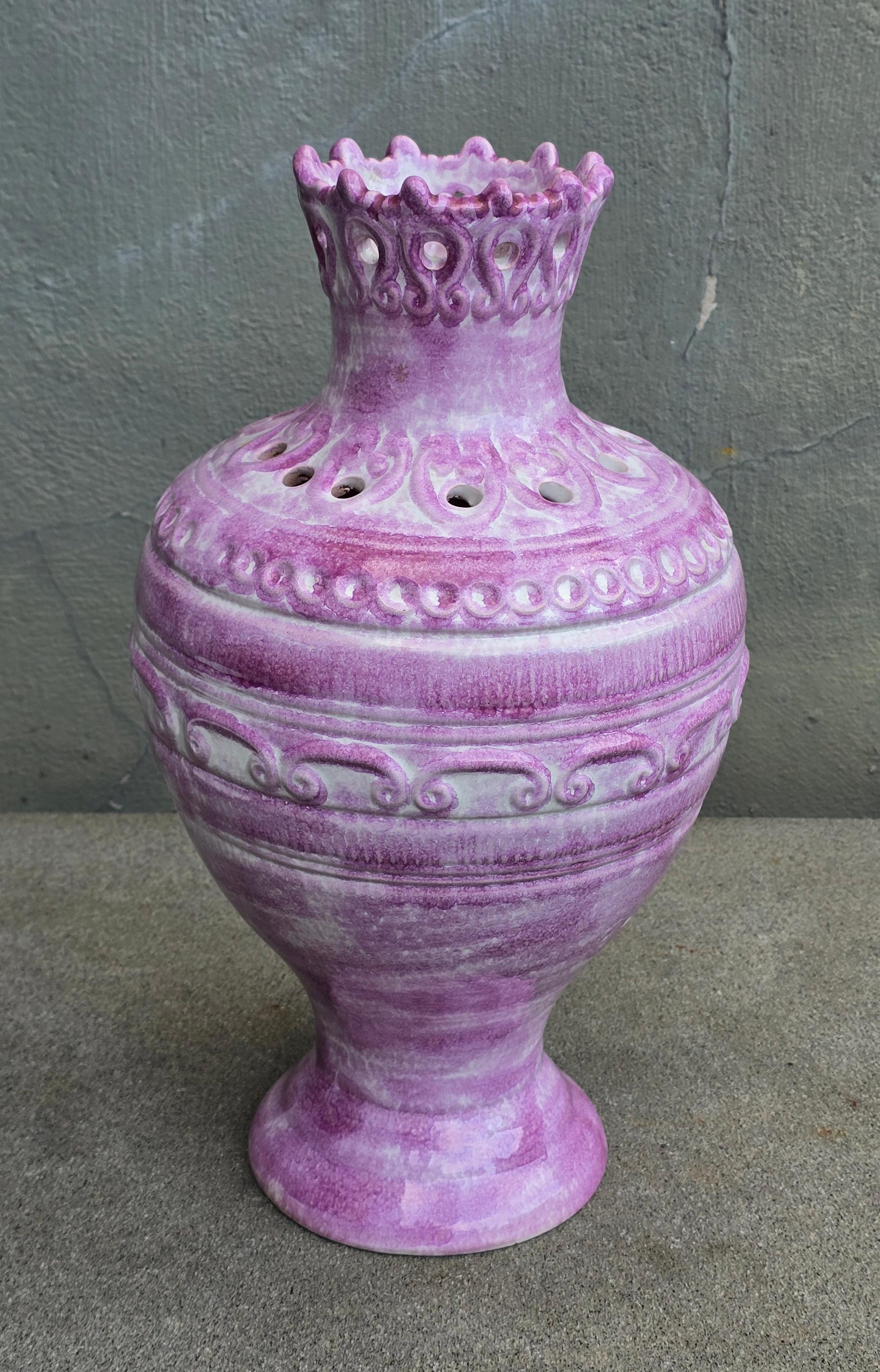 Allemand German Mid-Century Pierced Art Pottery Vase in Violet Glaze, circa 1950s en vente