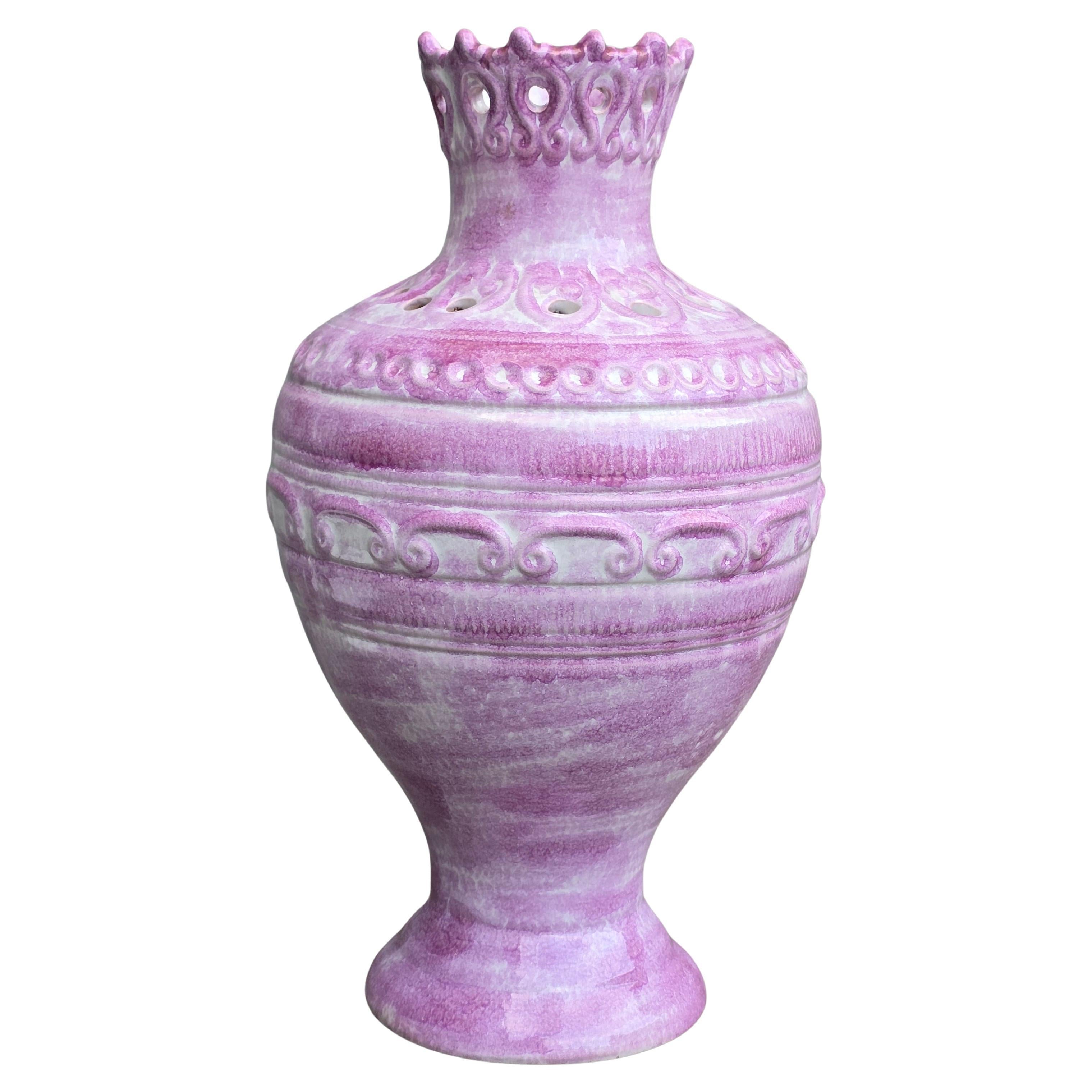 German Mid-Century Pierced Art Pottery Vase in Violet Glaze, circa 1950s