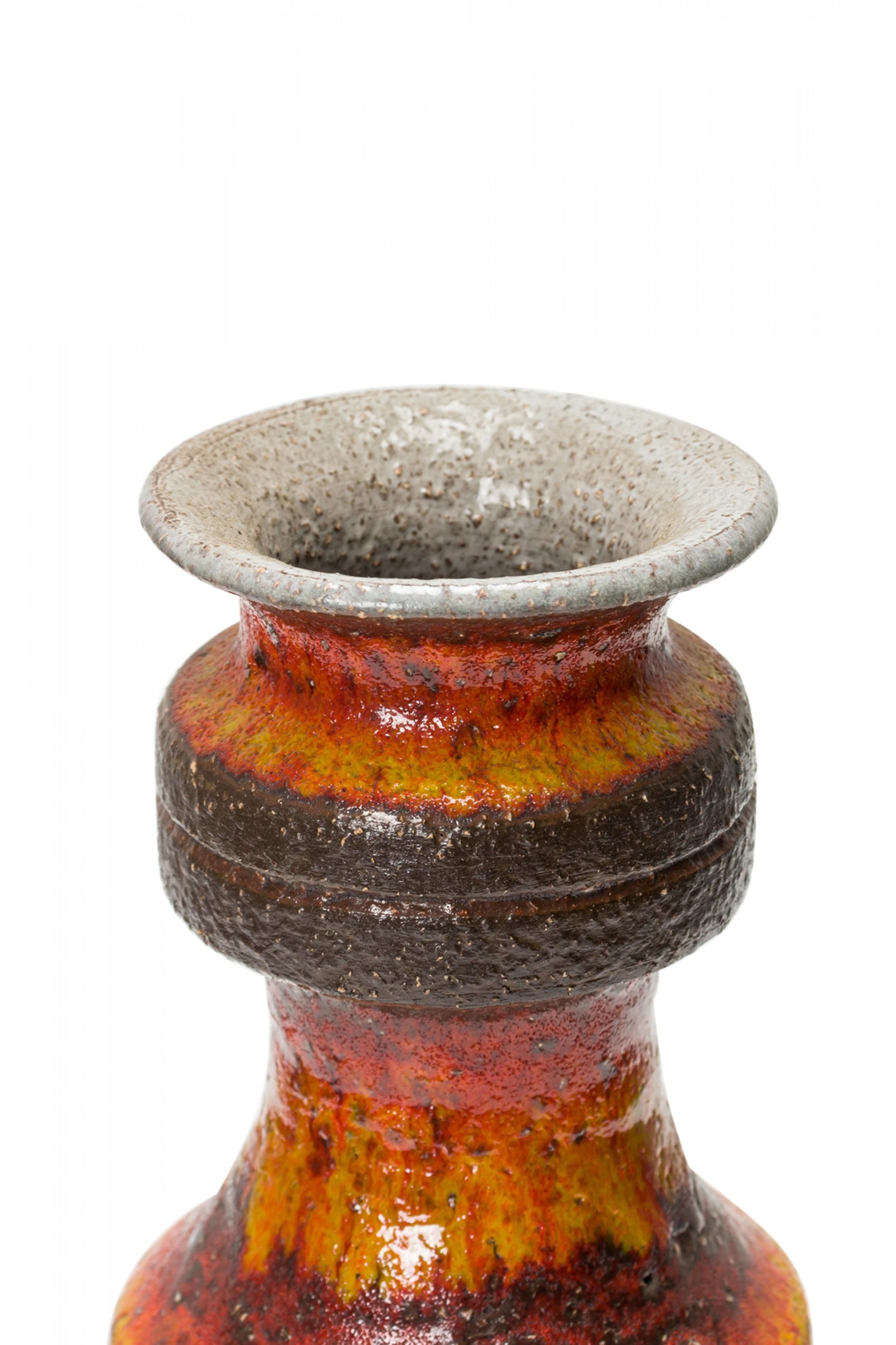 Mid-Century Modern German Mid-Century Textured Orange, Yellow, and Brown Fat Lava Ceramic Vase For Sale